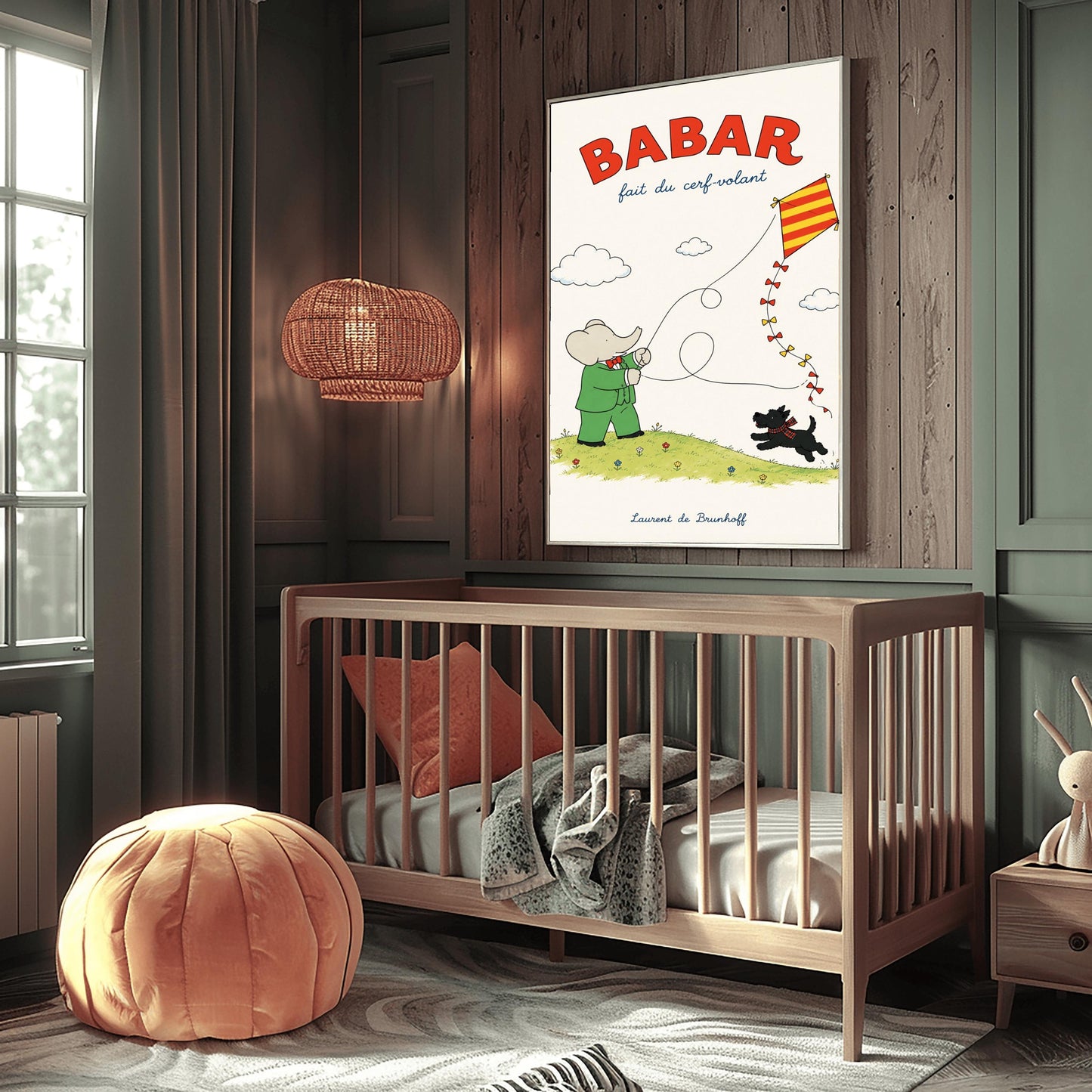 A vertical retro fine art exhibition poster titled "BABAR fait du cerf-volant" on a wide cream border. The top "BABAR" text is printed in a bold red font. The illustration shows an elephant in a green suit and red bowtie flying a red and yellow striped diamond kite on a green grassy hill with small flowers. A small black dog in a plaid scarf runs on the hill below, and the name "Laurent de Brunhoff" anchors the bottom.