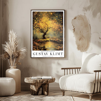 A vertical museum exhibition poster in the style of Gustav Klimt. A large tree with a dense, glowing golden canopy stands beside a river. The water surface is covered in golden mosaic patterns and reflections. The ground is filled with small orange flowers. Bold black text at the bottom reads "GUSTAV KLIMT" and "HISTORY OF AUSTRIAN ART."