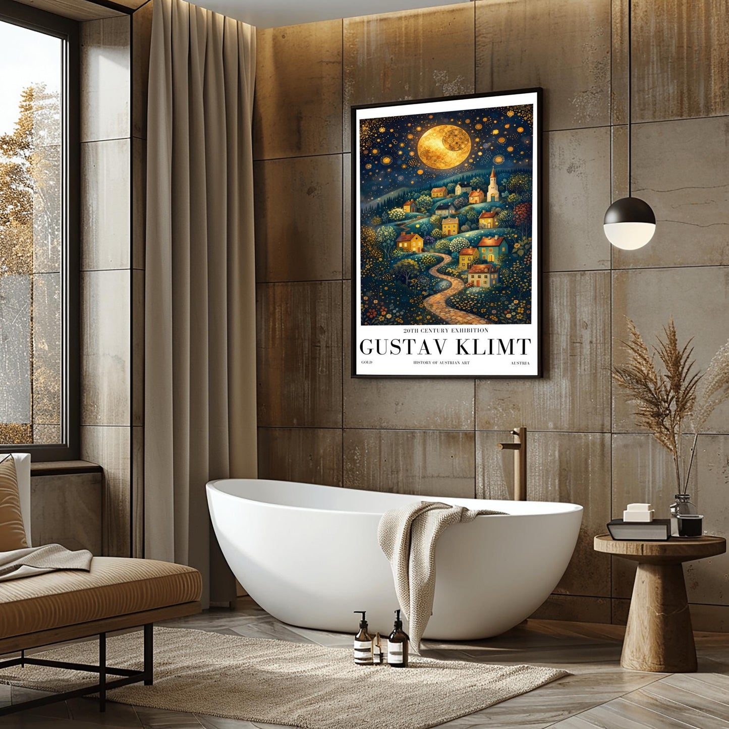A vertical fine art exhibition poster in the style of Gustav Klimt. A winding cobblestone path leads up a hillside filled with small, colorful houses and a church under a massive golden mosaic moon. The sky is deep blue and filled with golden stars and spirals. Bold black text at the bottom reads "GUSTAV KLIMT" and "HISTORY OF AUSTRIAN ART."