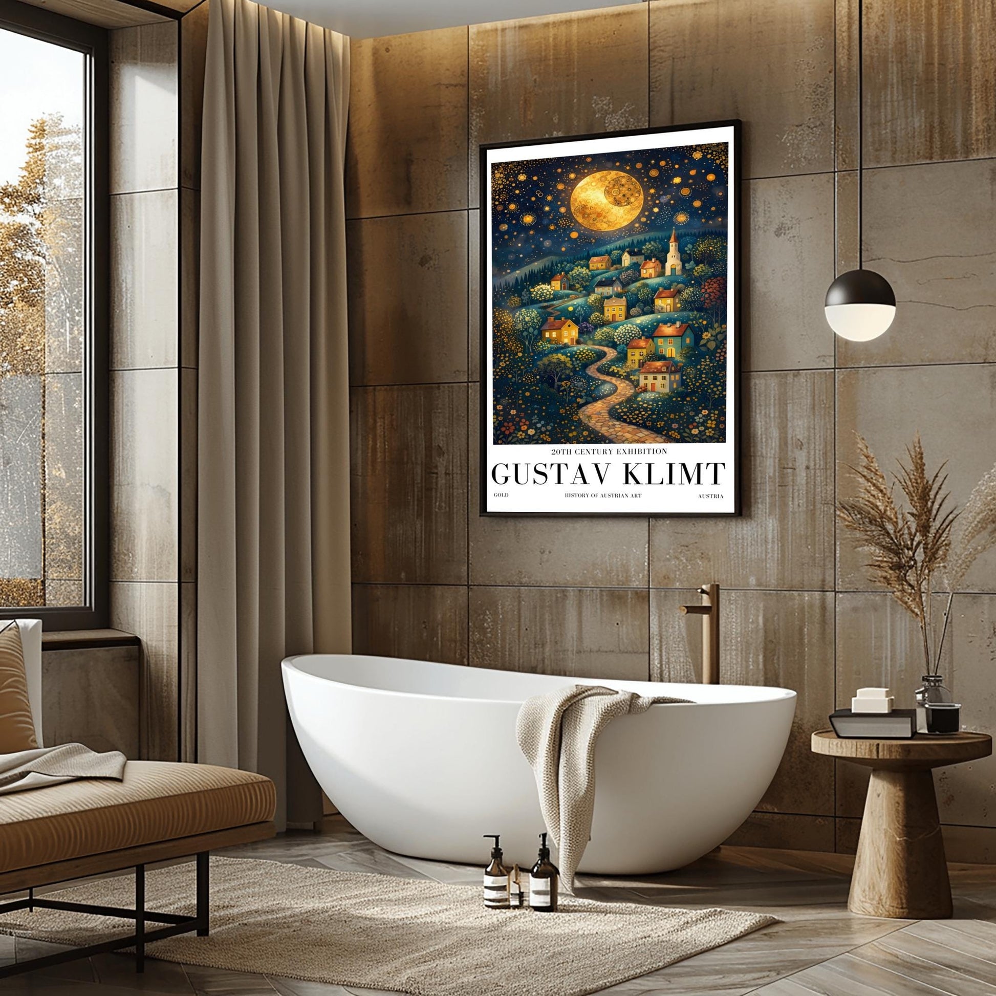A vertical fine art exhibition poster in the style of Gustav Klimt. A winding cobblestone path leads up a hillside filled with small, colorful houses and a church under a massive golden mosaic moon. The sky is deep blue and filled with golden stars and spirals. Bold black text at the bottom reads "GUSTAV KLIMT" and "HISTORY OF AUSTRIAN ART."