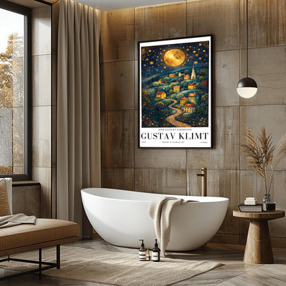 A vertical fine art exhibition poster in the style of Gustav Klimt. A winding cobblestone path leads up a hillside filled with small, colorful houses and a church under a massive golden mosaic moon. The sky is deep blue and filled with golden stars and spirals. Bold black text at the bottom reads "GUSTAV KLIMT" and "HISTORY OF AUSTRIAN ART."