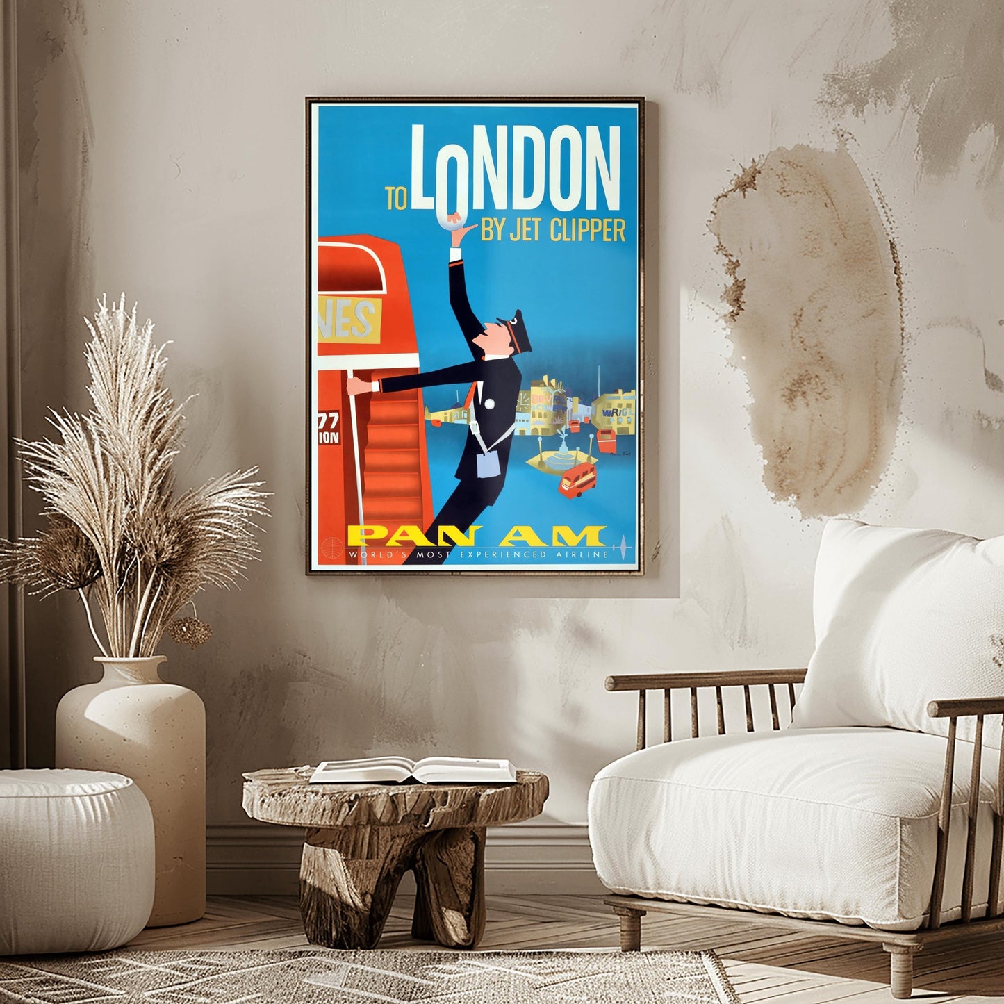 A vertical vintage travel poster with a blue background. At the top, the words "TO LONDON BY JET CLIPPER" are written in white and yellow font. A graphic illustration shows a bus conductor in a black uniform swinging off a large red double-decker bus on the left, reaching his arm up to hold the letter O in "LONDON". The lower background features stylized yellow and blue buildings of Piccadilly Circus with small red buses. The bottom features yellow "PAN AM" branding.