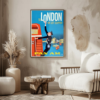 A vertical vintage travel poster with a blue background. At the top, the words "TO LONDON BY JET CLIPPER" are written in white and yellow font. A graphic illustration shows a bus conductor in a black uniform swinging off a large red double-decker bus on the left, reaching his arm up to hold the letter O in "LONDON". The lower background features stylized yellow and blue buildings of Piccadilly Circus with small red buses. The bottom features yellow "PAN AM" branding.