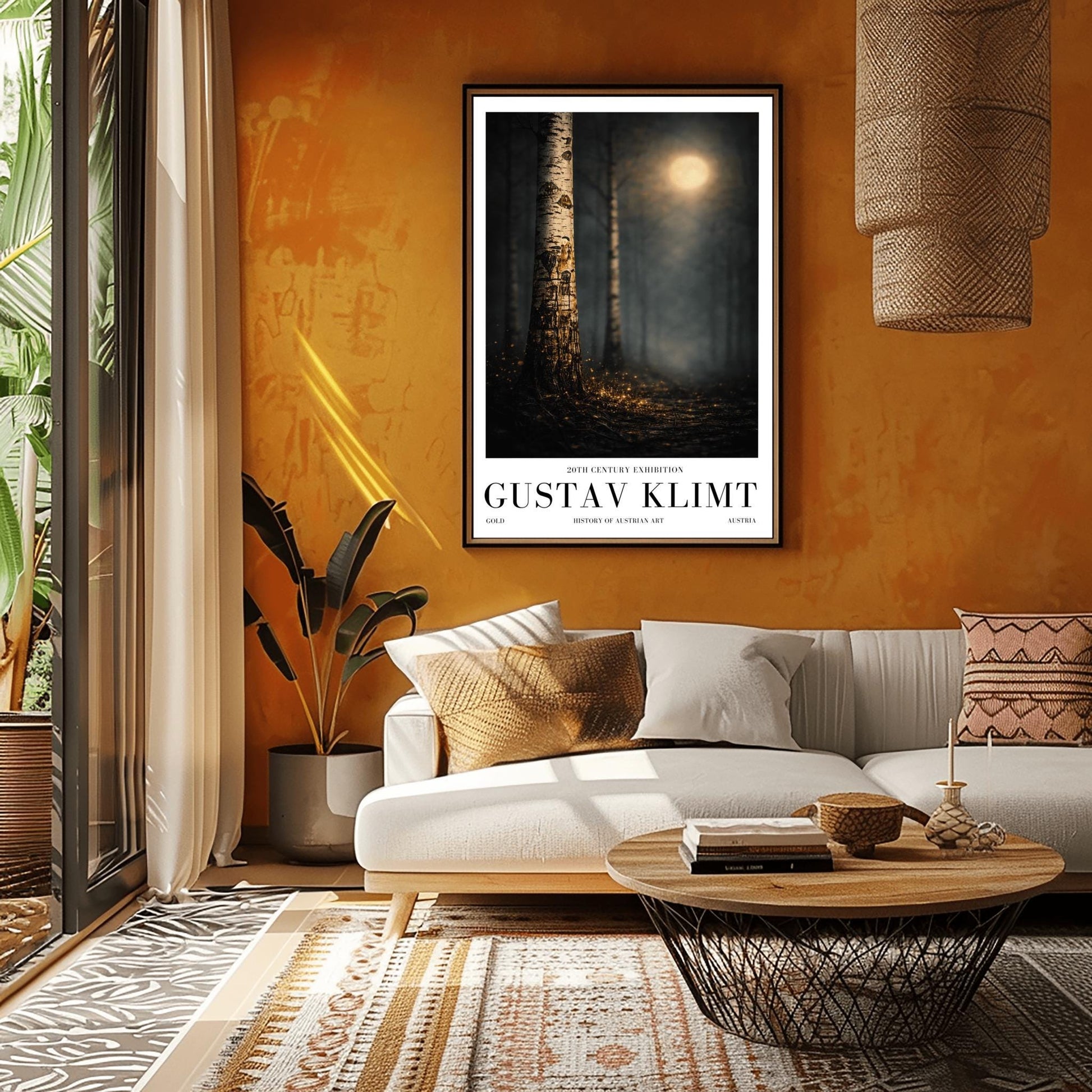 A vertical Art Nouveau illustration of a close-up birch tree trunk. The bark is covered in golden mosaic-like patterns and shimmering cracks. A soft, out-of-focus golden moon glows in a dark, misty forest background, and the ground is covered in glowing golden embers.