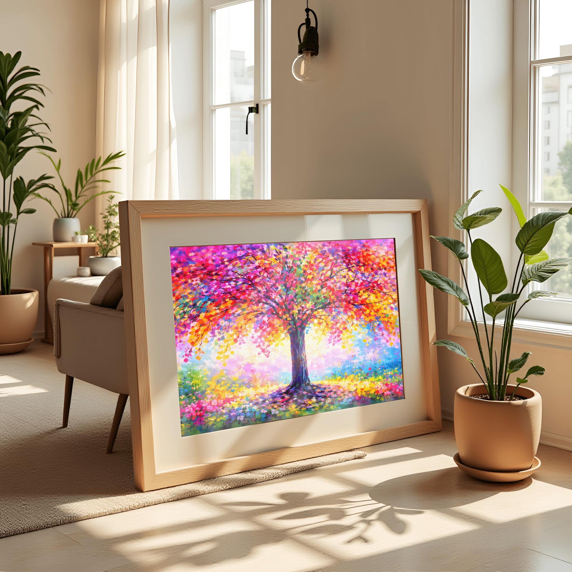 A horizontal landscape painting of a large, vibrant tree. The canopy is a dense, rounded mass of multi-colored leaves in pink, red, orange, yellow, and purple. The center of the tree glows with white and yellow light. The trunk is dark and textured. The tree sits in a soft, impressionist meadow of colorful flowers and mist. The style features thick, visible palette knife strokes.
