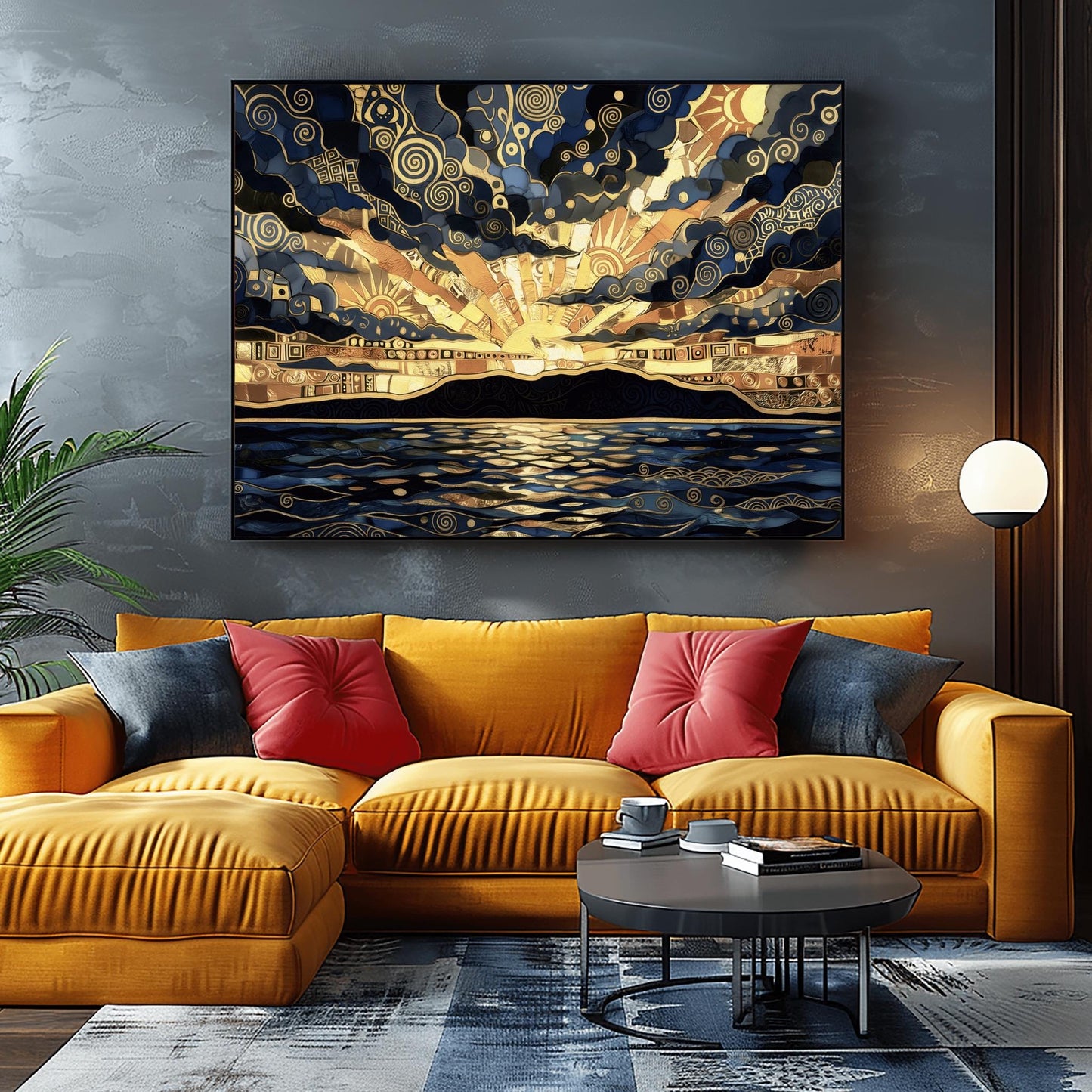 A horizontal fine art print in the style of Gustav Klimt. A golden sun sets behind a black mountain silhouette over a dark blue sea. The sky and water are filled with intricate gold leaf spirals, mosaic patterns, and geometric shapes. The color palette is a high-contrast blend of deep navy, charcoal, and radiant gold.