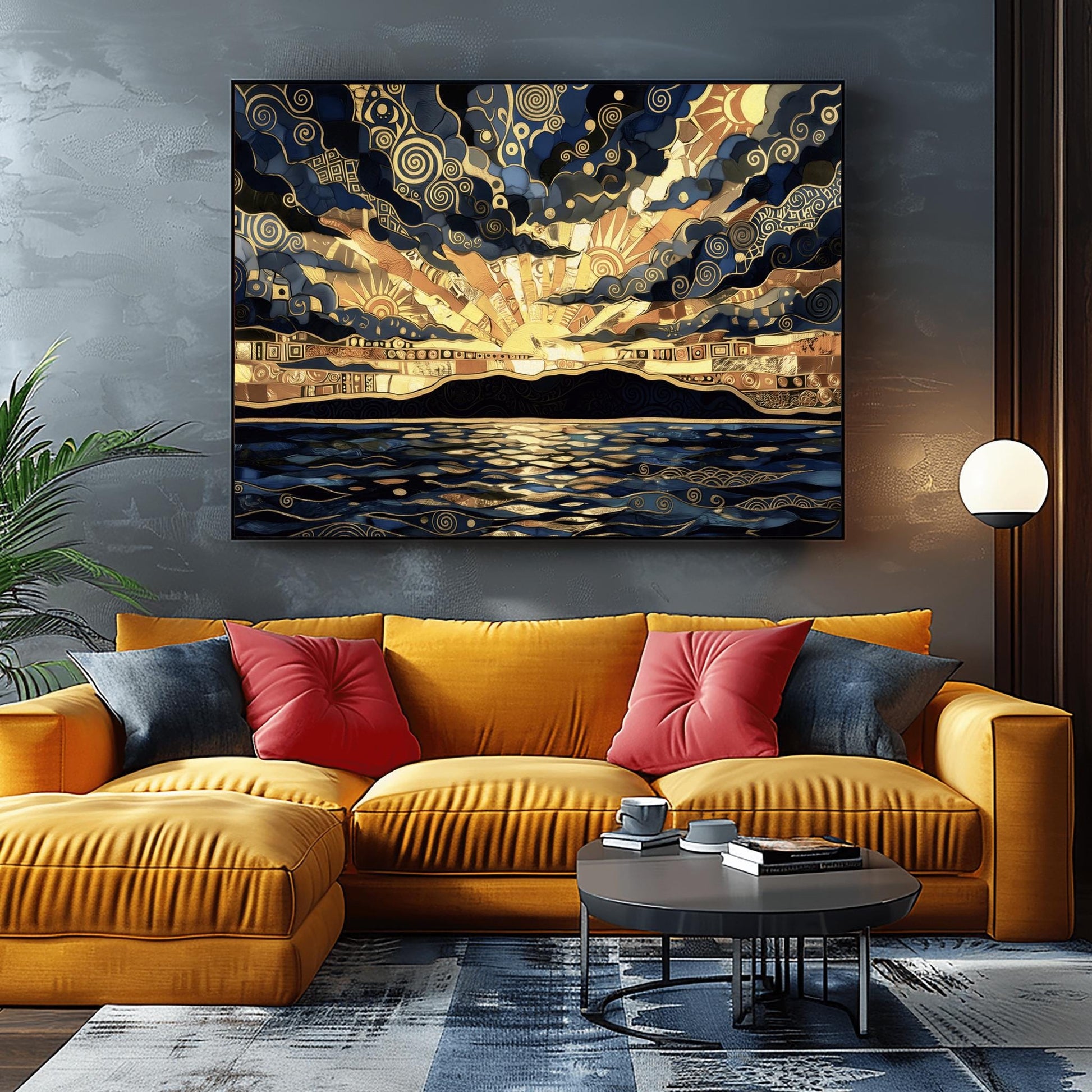 A horizontal fine art print in the style of Gustav Klimt. A golden sun sets behind a black mountain silhouette over a dark blue sea. The sky and water are filled with intricate gold leaf spirals, mosaic patterns, and geometric shapes. The color palette is a high-contrast blend of deep navy, charcoal, and radiant gold.