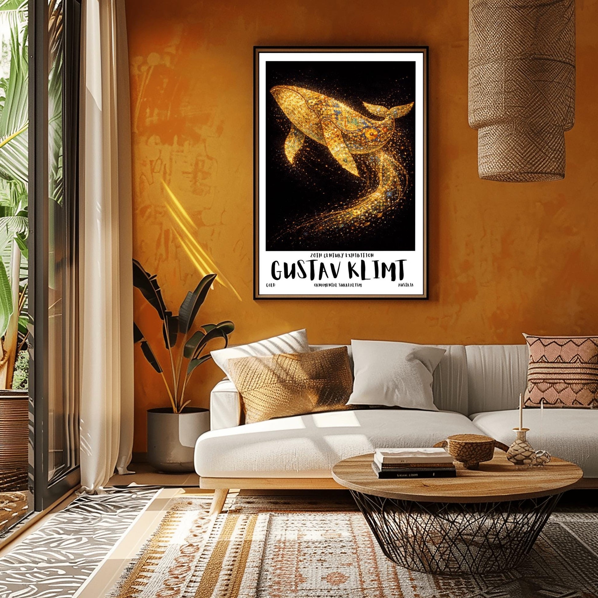 A vertical exhibition poster for Gustav Klimt featuring a large humpback whale made of golden mosaic patterns. The whale is breaching against a black background, leaving a trail of sparkling gold dust. Bold text at the bottom reads "GUSTAV KLIMT" and "Ornamental Surrealism."
