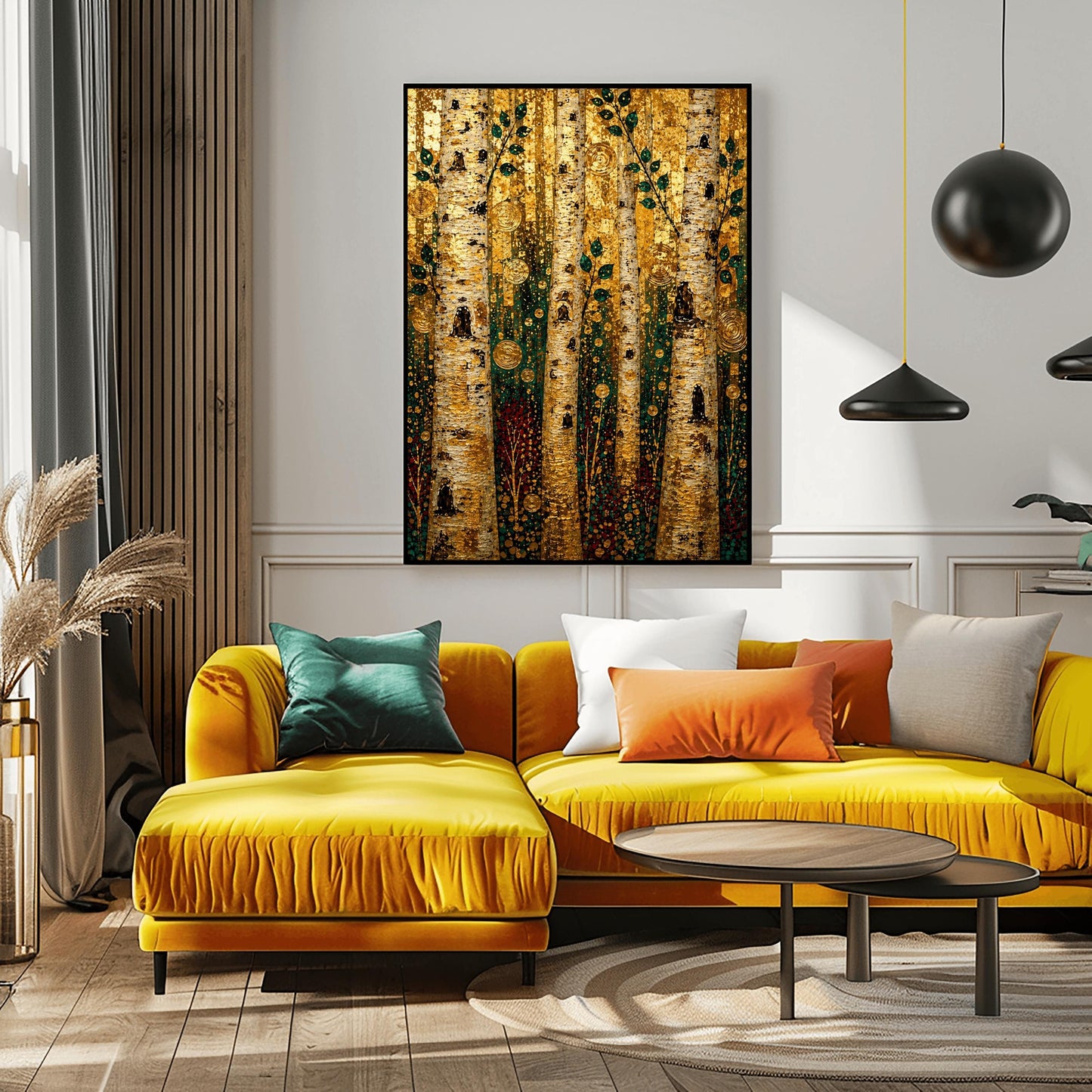 A vertical fine art print in the style of Gustav Klimt featuring a dense forest of birch trees. The thick, textured tree trunks are detailed in white, black, and gold. Slender branches with dark green leaves grow upward. The background is filled with a shimmering, mosaic-like texture of gold leaf patterns, dotted with decorative gold concentric circles, spirals, and dark red and teal shapes mimicking a forest floor.
