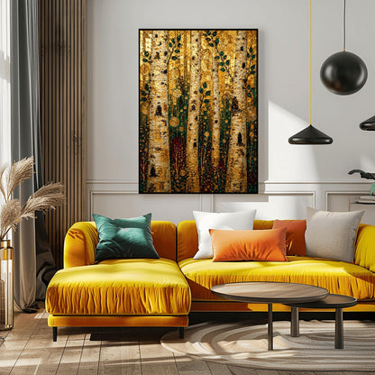 A vertical fine art print in the style of Gustav Klimt featuring a dense forest of birch trees. The thick, textured tree trunks are detailed in white, black, and gold. Slender branches with dark green leaves grow upward. The background is filled with a shimmering, mosaic-like texture of gold leaf patterns, dotted with decorative gold concentric circles, spirals, and dark red and teal shapes mimicking a forest floor.