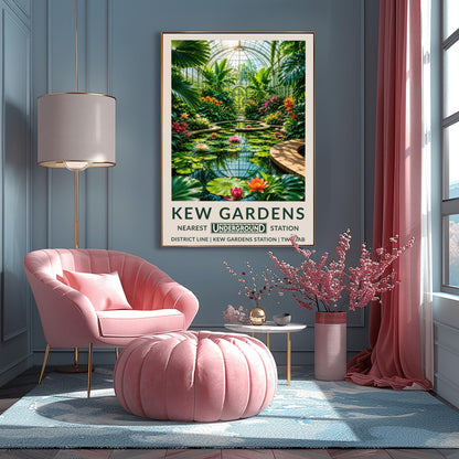 A vertical retro London Underground travel poster for Kew Gardens on a wide cream border. The top image shows an immersive illustration inside a grand Victorian glass conservatory dome. A curved brick pathway encircles a glassy pond filled with giant round lily pads and blooming pink, orange, and white lotus flowers that reflect the grid of the glass roof. Towering fan palms and exotic orange flowers frame the sides, leading to an arched glass doorway in the background.
