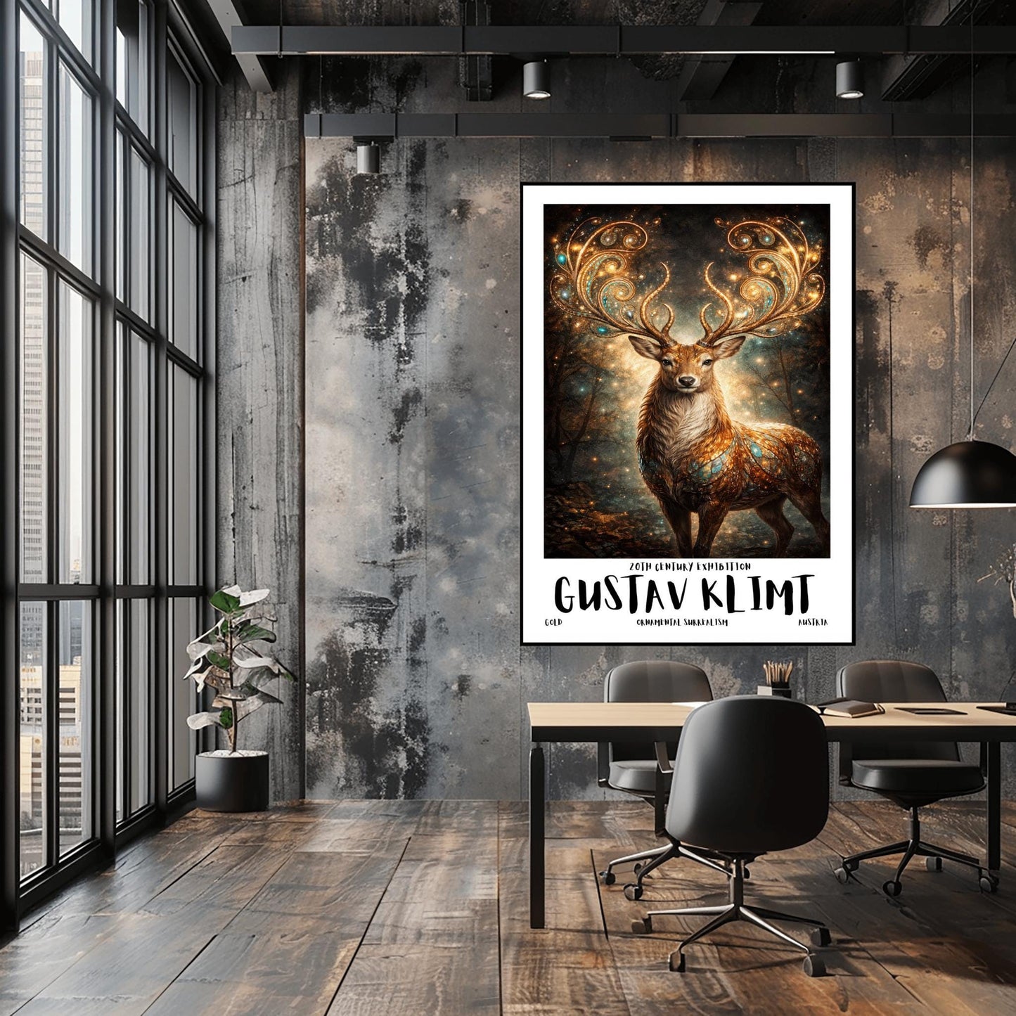 A vertical full-bleed illustration of a stag in the style of Gustav Klimt. The stag has massive, swirling golden antlers decorated with glowing gems. Its body is a mosaic of gold and turquoise. It stands in a misty, dark forest filled with golden sparks and floating embers.