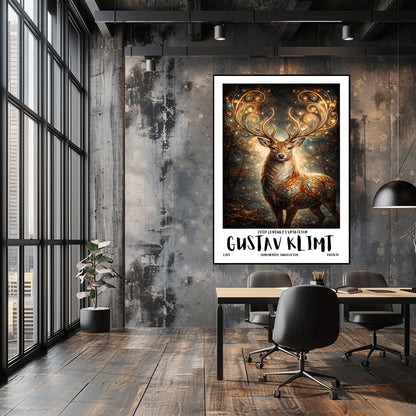 A vertical full-bleed illustration of a stag in the style of Gustav Klimt. The stag has massive, swirling golden antlers decorated with glowing gems. Its body is a mosaic of gold and turquoise. It stands in a misty, dark forest filled with golden sparks and floating embers.