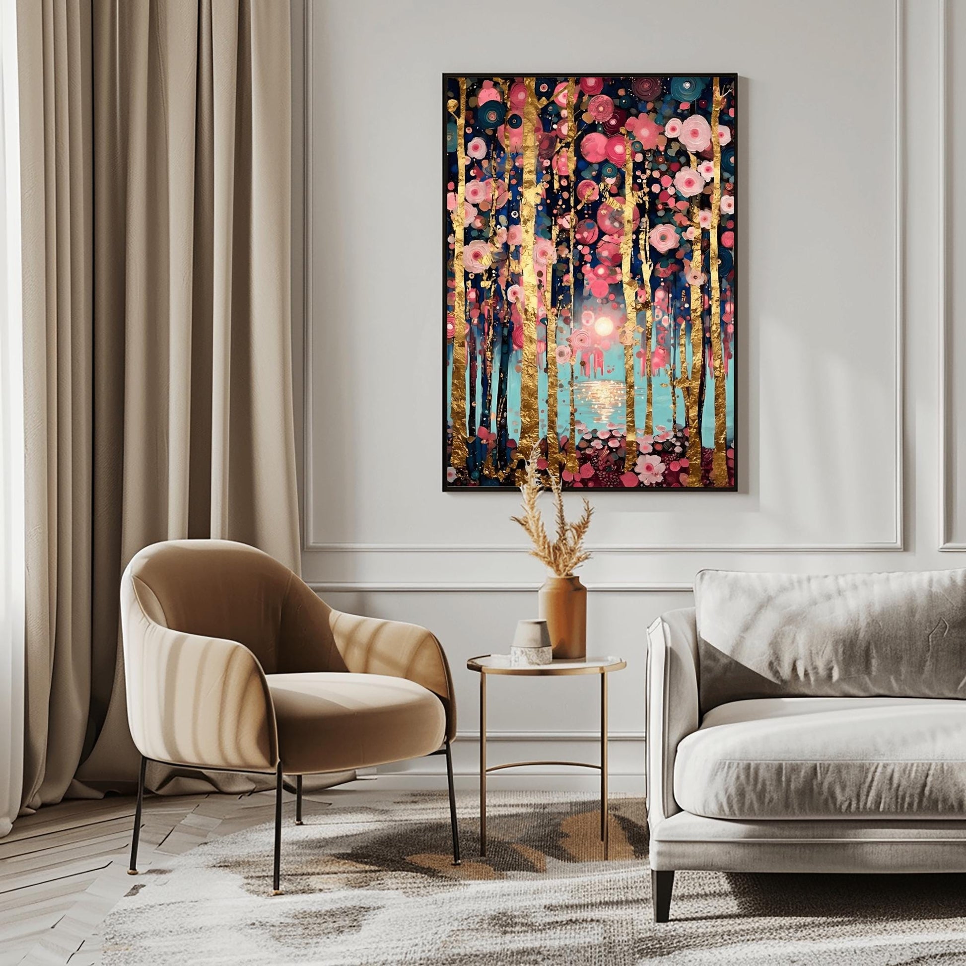 A vertical, highly detailed oil painting in the style of Gustav Klimt. Slender birch tree trunks with gold-leaf textures are surrounded by a dense field of pink, rose, and white circular floral mosaics. In the background, a soft sun reflects over a blue lake. The overall style is rich in texture with a sophisticated pink and gold color palette.
