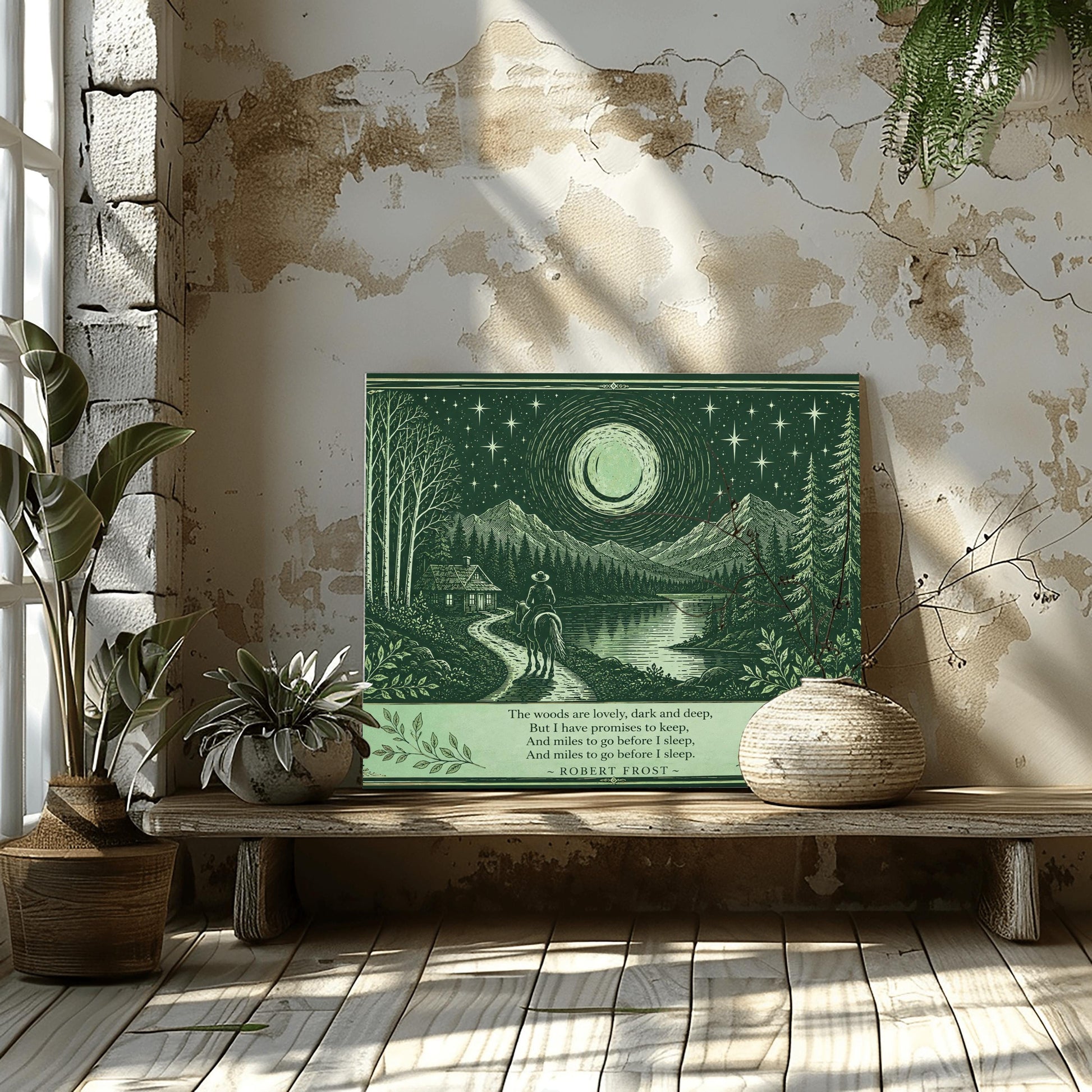 Robert Frost Art, Poetry Wall Decor, Woodcut Landscape, Dark Green Art, Mountain Lake Print, Literature Gift, Snowy Evening Poem, Rustic Home Decor, Celestial Art, Horseback Rider, Starry Night Sky, Cabin in Woods, Vintage Style Poster.