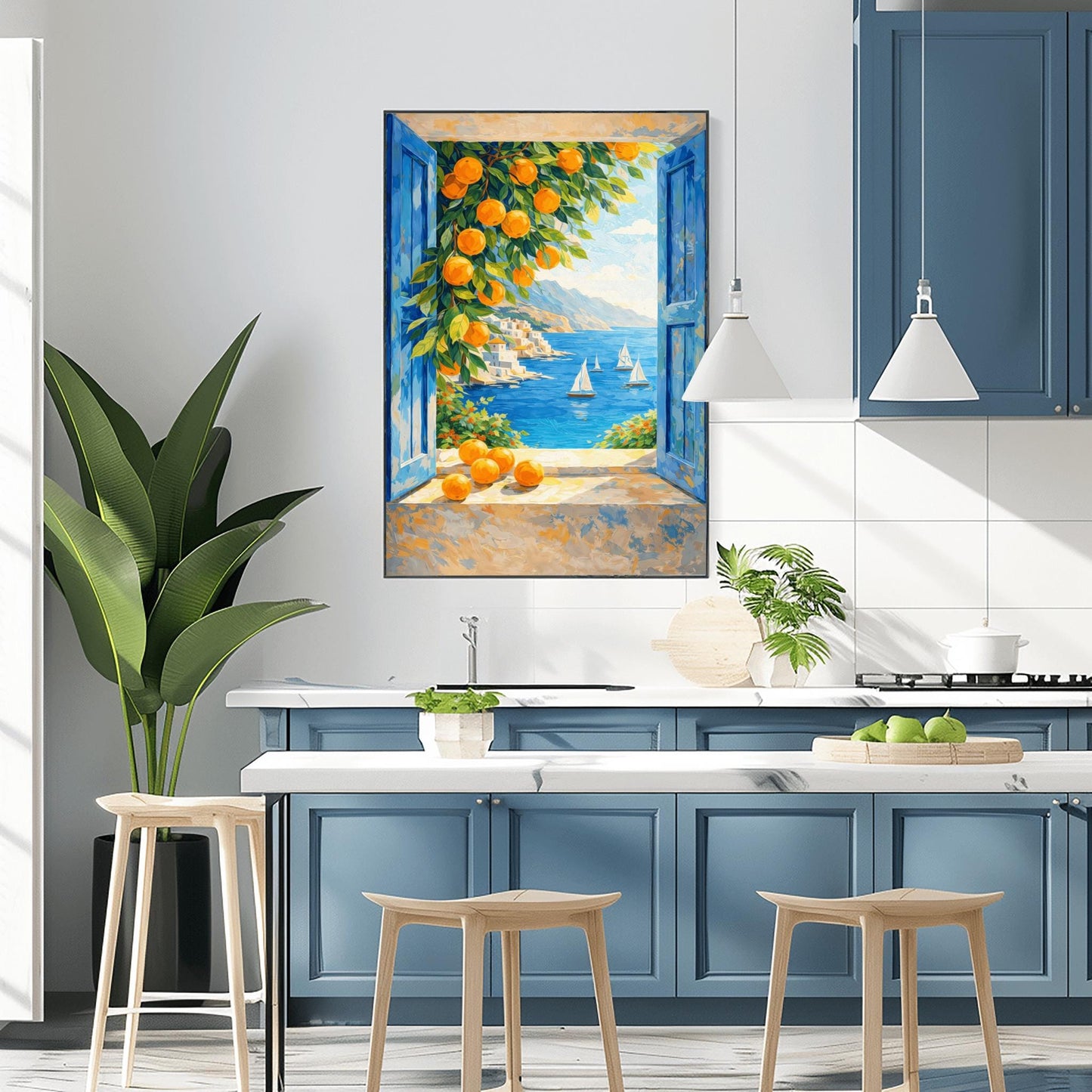 A vertical painterly illustration of a view through an open window with blue shutters. A branch with many bright oranges hangs in the top left. Outside, white sailboats float on a deep blue sea next to a white hillside village and mountains.