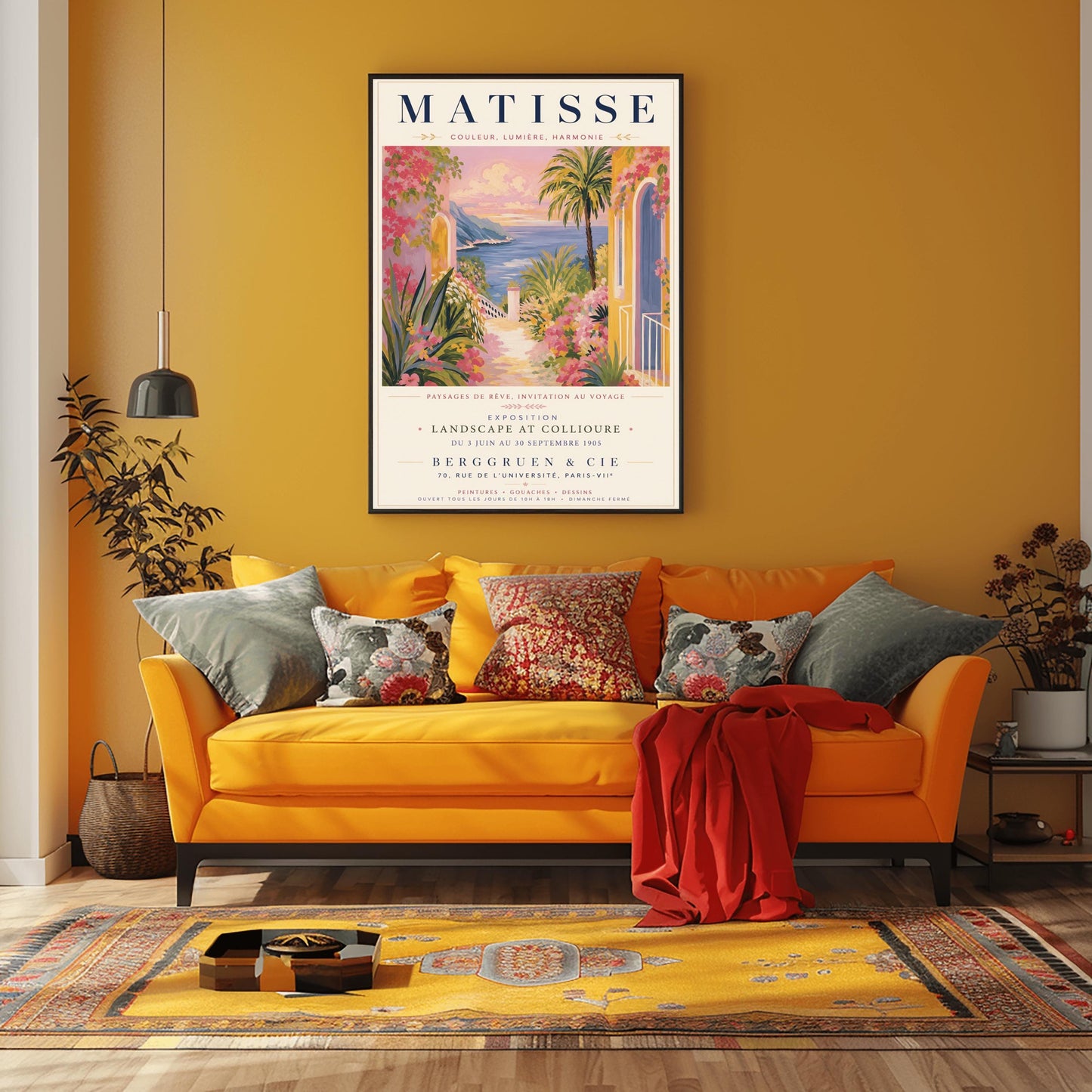 A French exhibition poster titled "MATISSE" at the top, featuring a pastel-toned painting of a Mediterranean coastal scene. A pathway lined with pink flowers, green agave plants, and yellow villas leads toward a blue sea and distant hills under a pink and gold sunset sky. A tall palm tree stands on the right. Elegant typography below the artwork text reads "Exposition Landscape at Collioure, Berggruen & Cie, Paris."