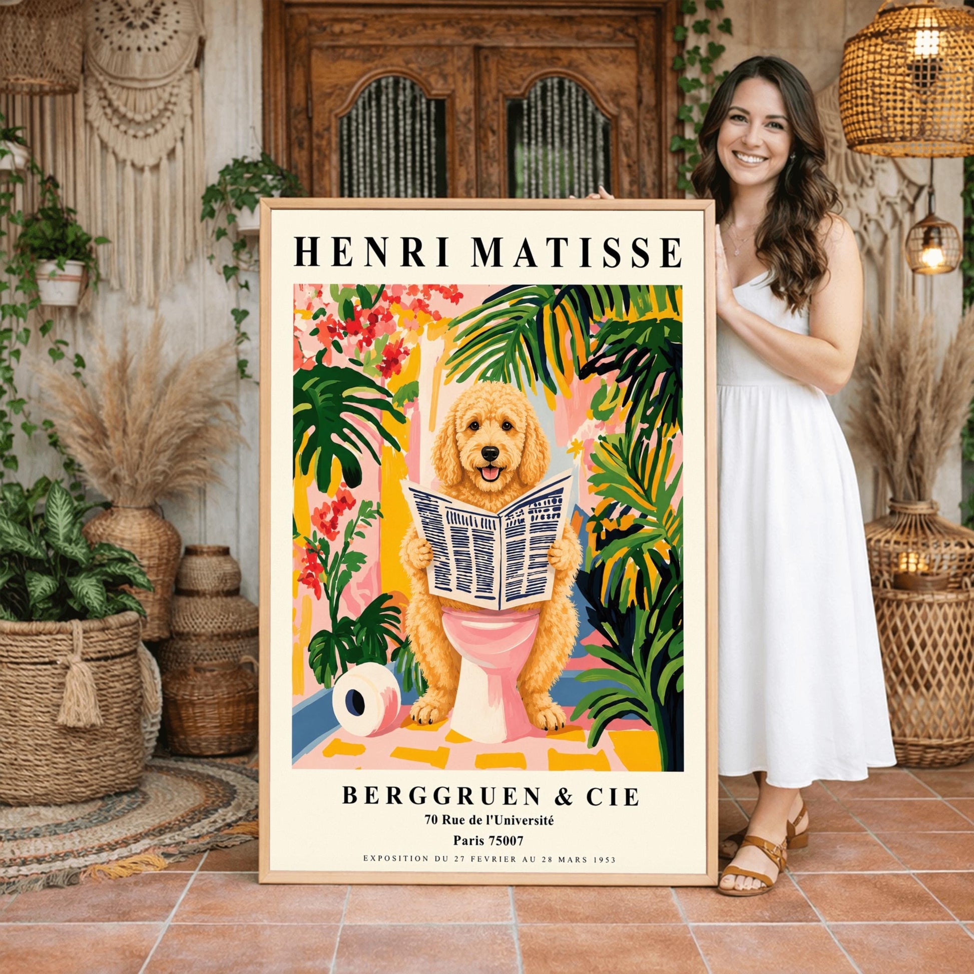 A vertical fine art exhibition poster in the style of Henri Matisse featuring a wide cream border. Bold black text reads "HENRI MATISSE" at the top and "BERGGRUEN & CIE" at the bottom. The central painting humorously shows a fluffy golden doodle dog sitting on a pink toilet while reading a newspaper, surrounded by vibrant green palm leaves, tropical flowers, and a toilet paper roll on the floor.