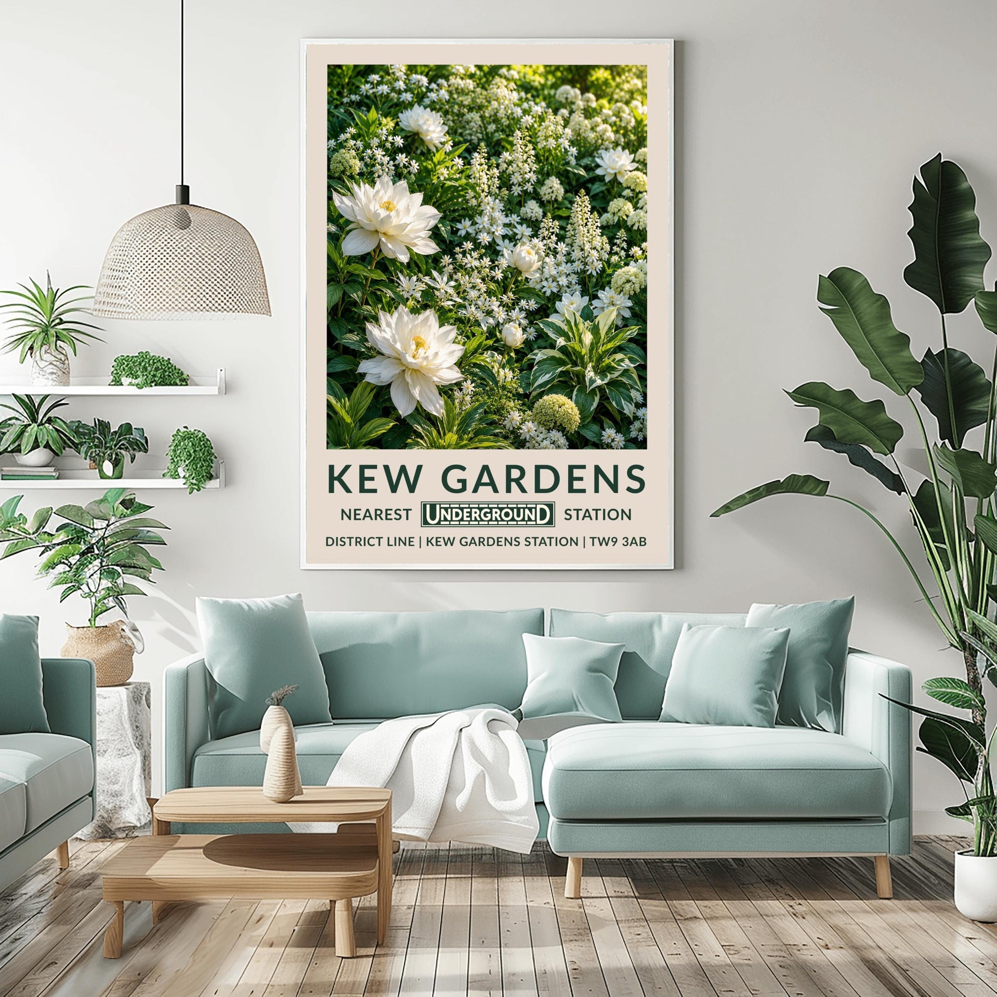 A vertical retro London Underground travel poster for Kew Gardens on a wide cream border. The top image shows a close-up, highly detailed illustration of a dense summer garden border entirely filled with white flowers. Two large, fully bloomed white dahlias with soft yellow centers dominate the lower left side. The background is packed with starry white wildflowers, vertical white flower spires, round chartreuse hydrangeas, and variegated green-and-white leaves.