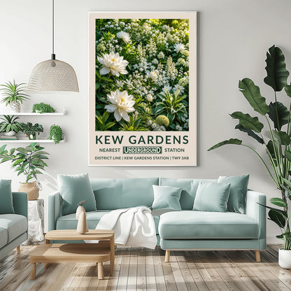 A vertical retro London Underground travel poster for Kew Gardens on a wide cream border. The top image shows a close-up, highly detailed illustration of a dense summer garden border entirely filled with white flowers. Two large, fully bloomed white dahlias with soft yellow centers dominate the lower left side. The background is packed with starry white wildflowers, vertical white flower spires, round chartreuse hydrangeas, and variegated green-and-white leaves.