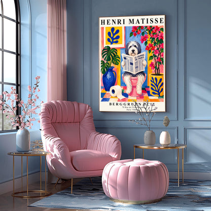 A vertical retro exhibition poster for Henri Matisse featuring a wide cream border. The central image shows a colorful Fauvism-style painting of a fluffy black-and-white Bearded Collie dog sitting on a pink toilet. The dog has shaggy fur and is looking forward while holding open a newspaper titled "LE JOURNAL DE PARIS". The background is a vibrant bathroom with a checkered mosaic floor, blue and yellow planters holding green monstera leaves