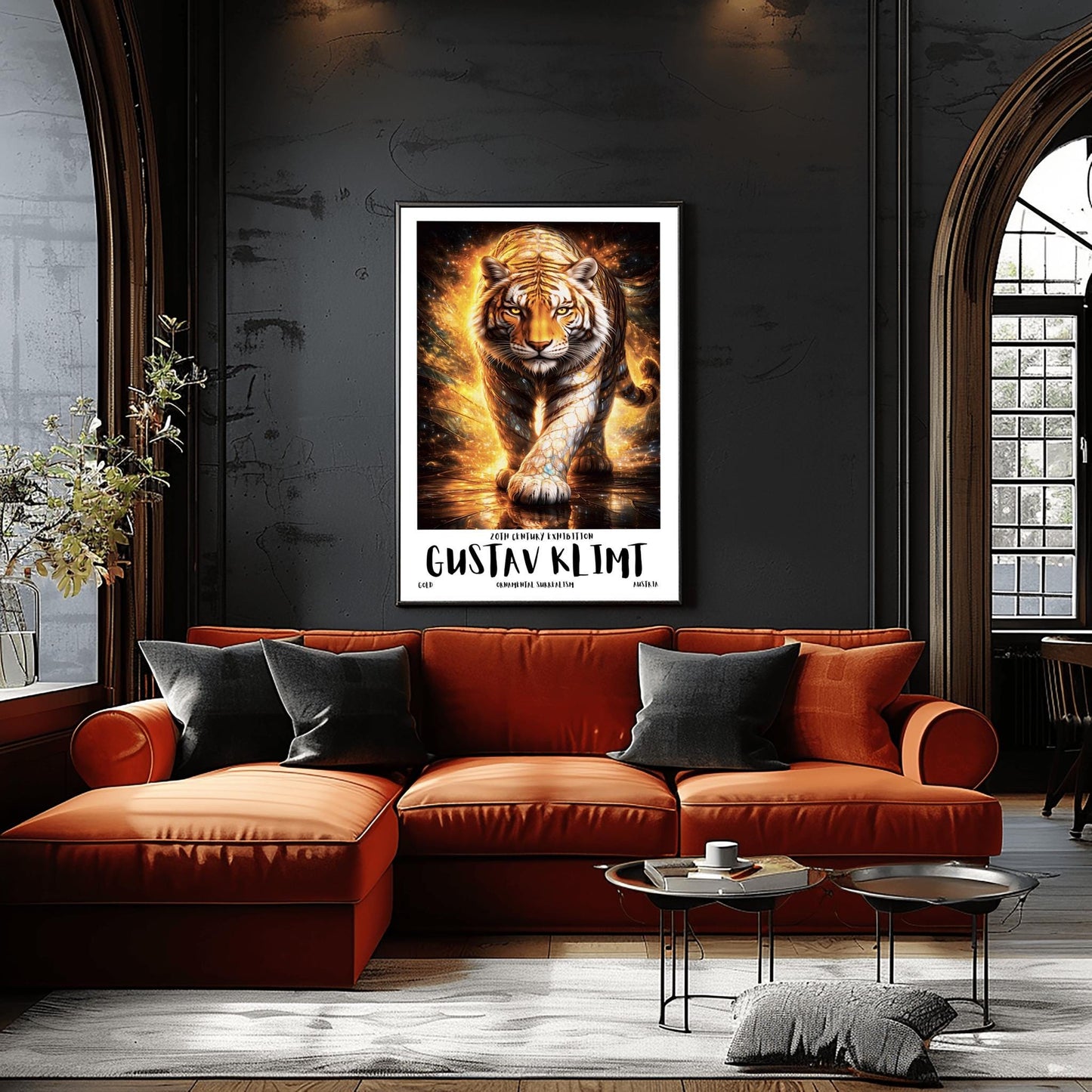 A vertical full-bleed illustration of a tiger in the style of Gustav Klimt. The tiger is prowling forward toward the viewer, its body covered in golden mosaic patterns and glowing orange light. The background is a swirl of amber sparks and gold-leaf textures.