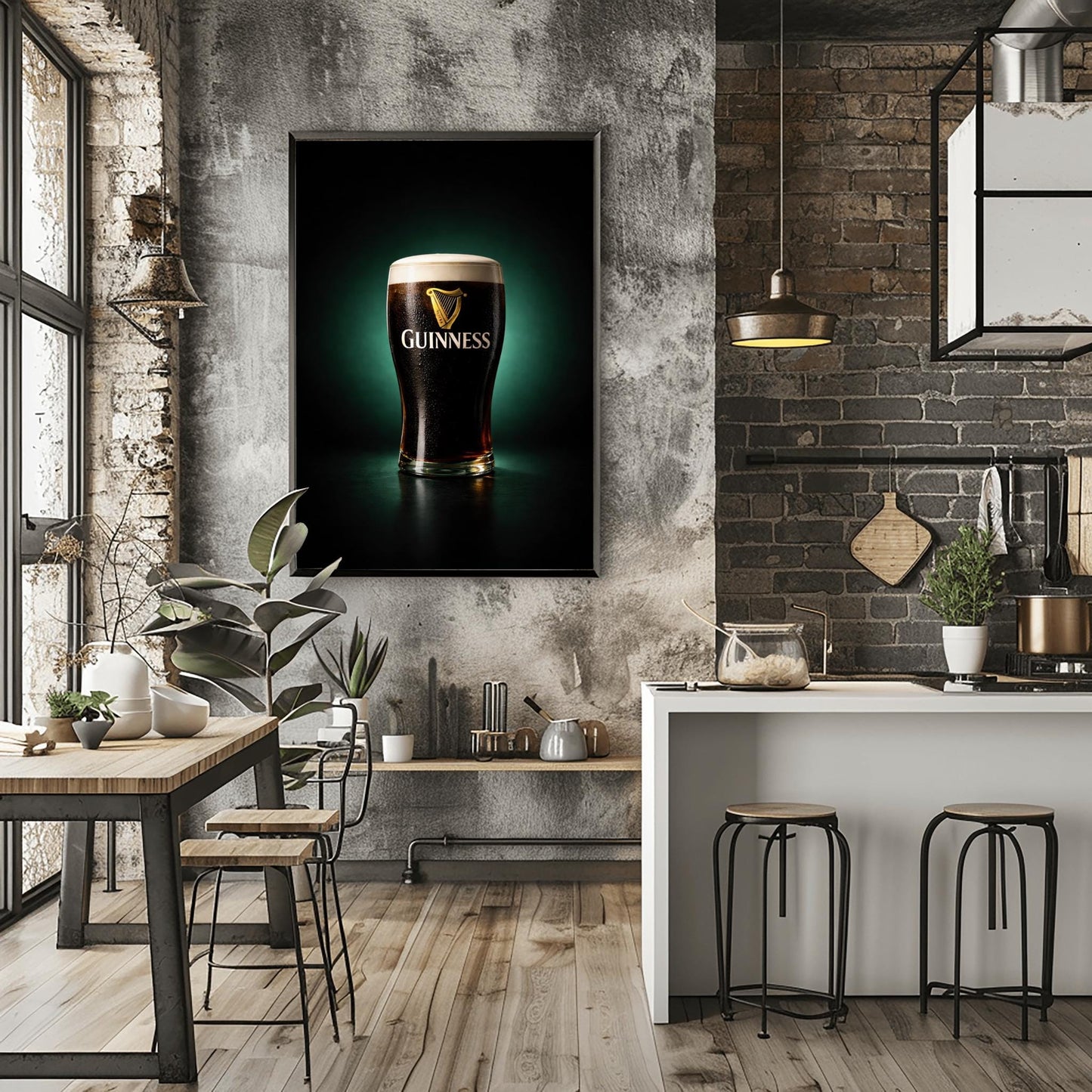 A vertical hyper-realistic photograph of a pint of Guinness centered against a dark background with a soft emerald green glow. The glass is covered in light condensation and features the gold Guinness logo. The foam is thick and white, and a slight ruby-red glow is visible at the bottom of the dark liquid.