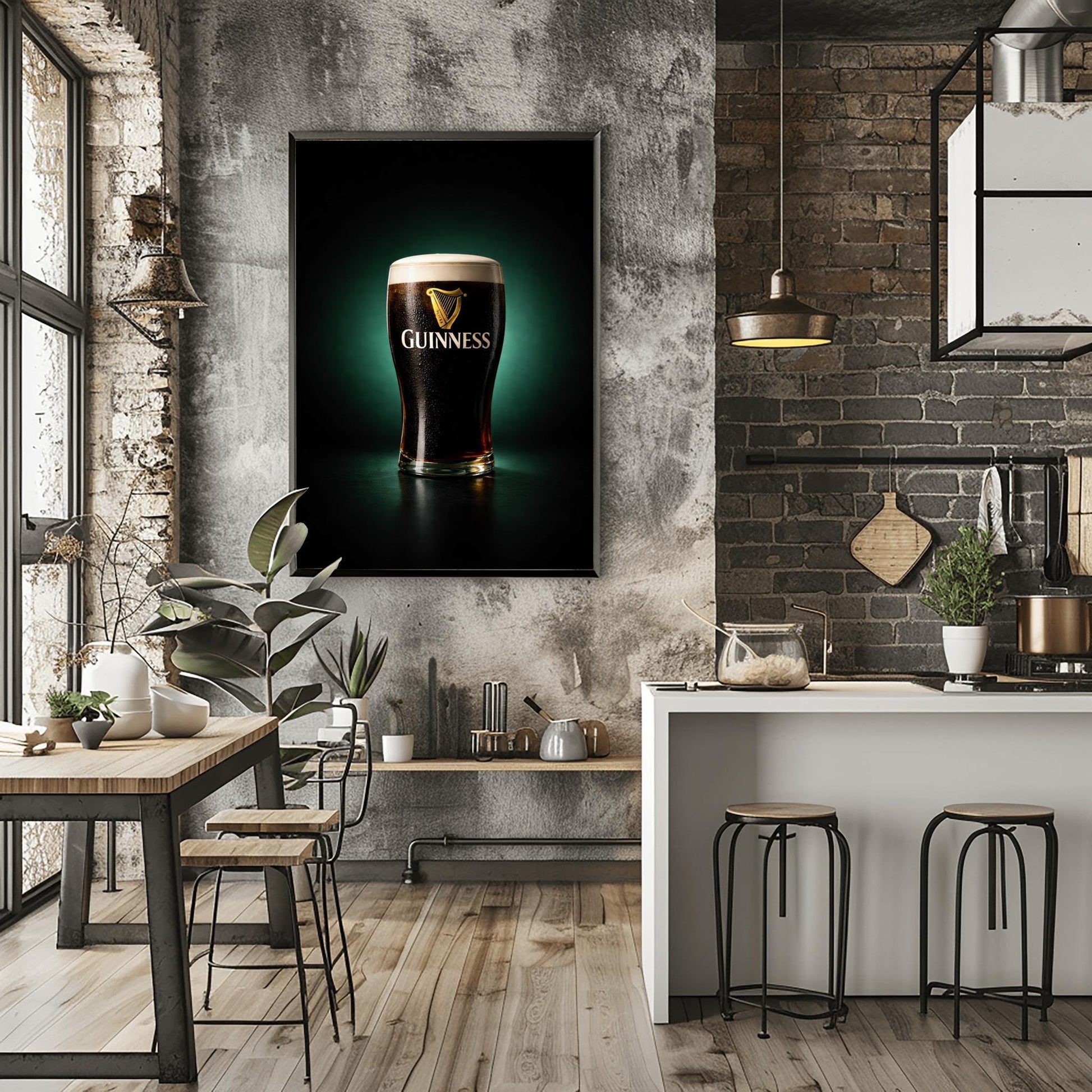 A vertical hyper-realistic photograph of a pint of Guinness centered against a dark background with a soft emerald green glow. The glass is covered in light condensation and features the gold Guinness logo. The foam is thick and white, and a slight ruby-red glow is visible at the bottom of the dark liquid.