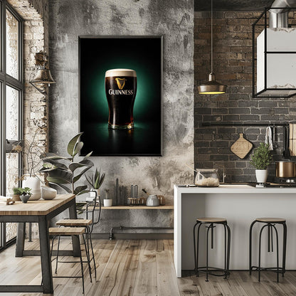A vertical hyper-realistic photograph of a pint of Guinness centered against a dark background with a soft emerald green glow. The glass is covered in light condensation and features the gold Guinness logo. The foam is thick and white, and a slight ruby-red glow is visible at the bottom of the dark liquid.