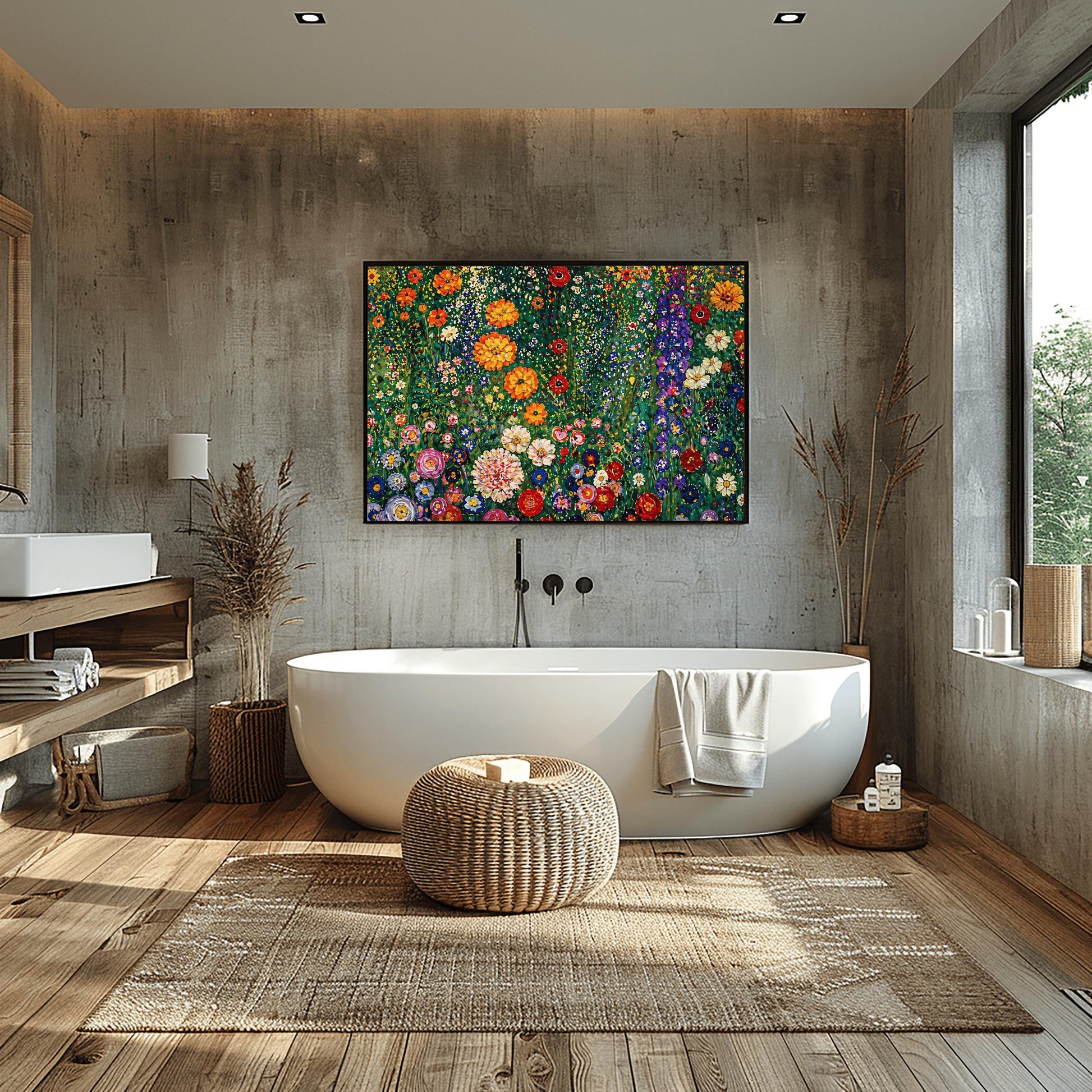A horizontal art print featuring a dense and vibrant field of wildflowers in the style of Gustav Klimt. The image is a maximalist mosaic of colors, with large orange and red flowers, tall purple stalks, and small white and yellow daisies packed tightly together. The background is a lush, dappled green. The painting style uses small, thick brushstrokes to create a textured, tapestry-like effect across the entire surface.