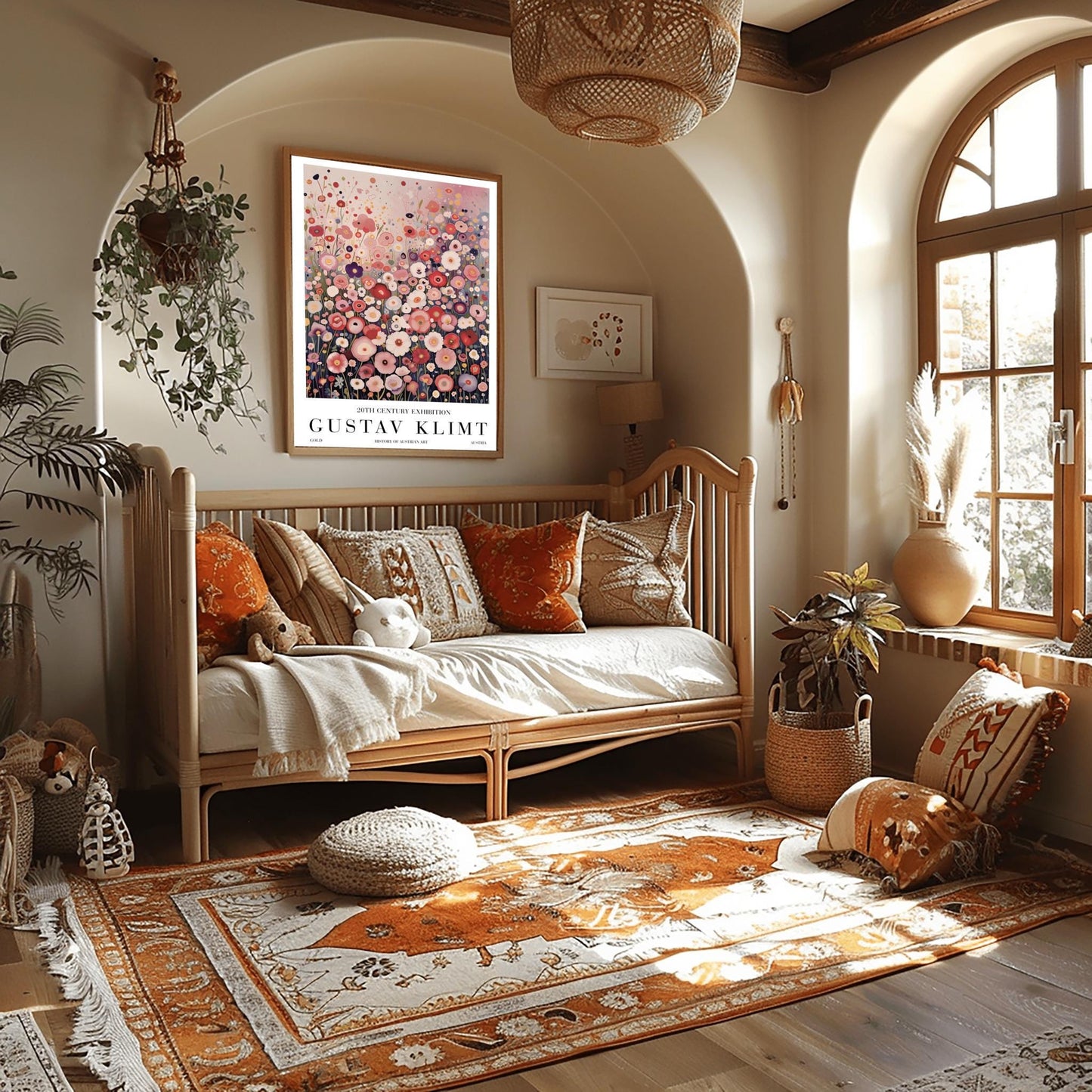 A vertical fine art painting in the style of Gustav Klimt. A dense field of stylized, circular wildflowers in shades of pink, rose, peach, and white fills the bottom two-thirds of the canvas. The background is a misty, textured gradient of soft pink and grey. The style is highly decorative with mosaic-like floral patterns and subtle golden highlights.