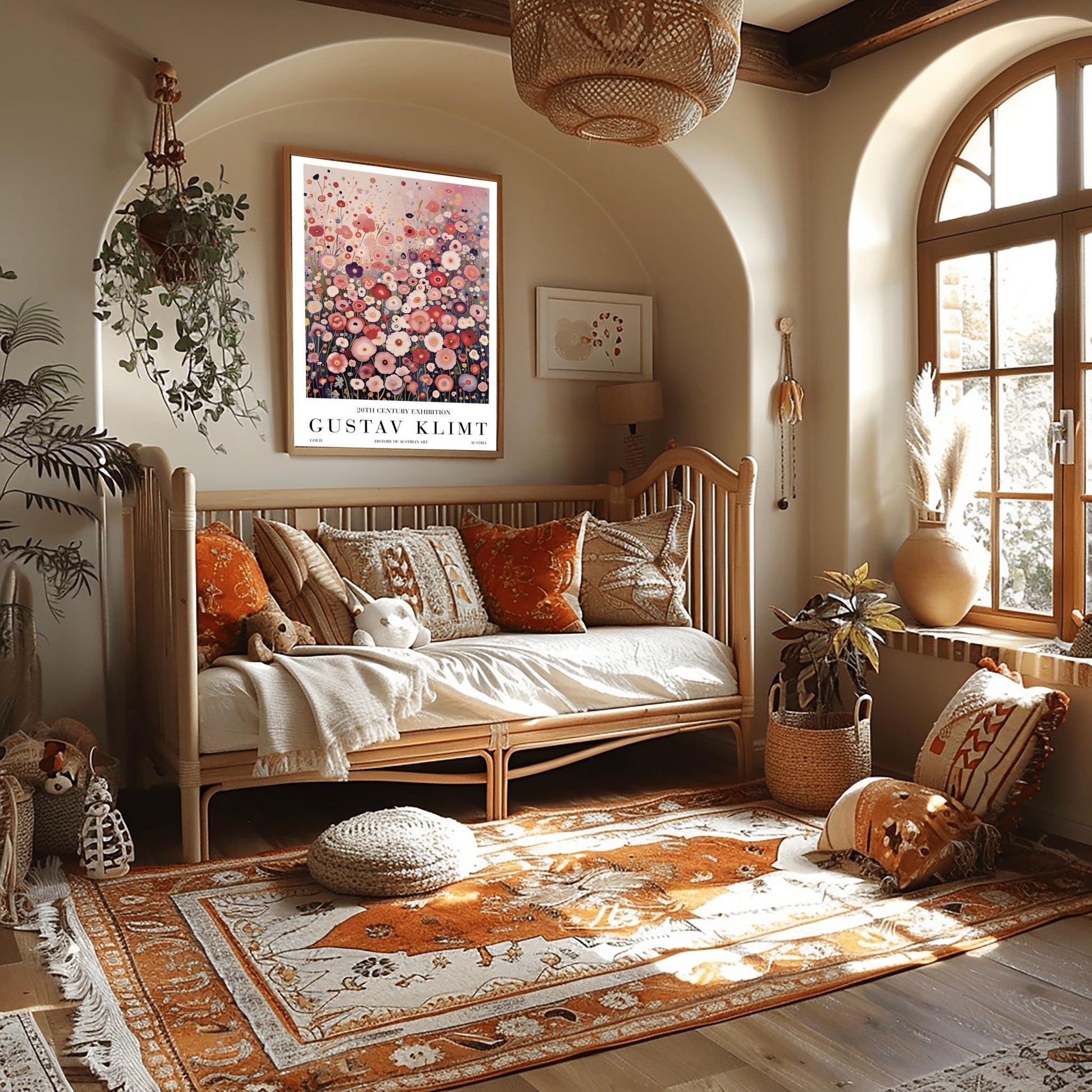 A vertical fine art painting in the style of Gustav Klimt. A dense field of stylized, circular wildflowers in shades of pink, rose, peach, and white fills the bottom two-thirds of the canvas. The background is a misty, textured gradient of soft pink and grey. The style is highly decorative with mosaic-like floral patterns and subtle golden highlights.