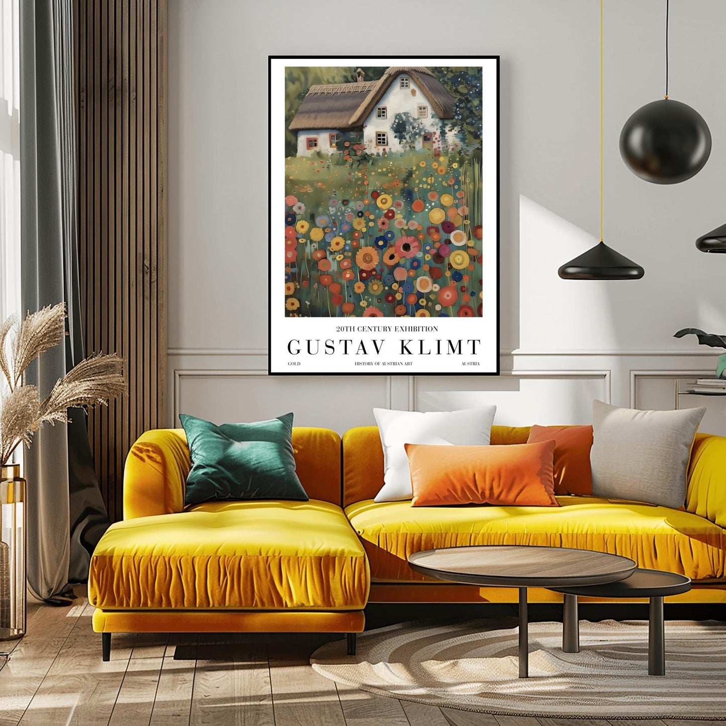 A vertical oil painting in the style of Gustav Klimt. A white-washed cottage with a brown thatched roof sits behind a dense field of colorful, circular wildflowers in shades of orange, red, blue, and yellow. The style features heavy, decorative textures and subtle golden highlights throughout the garden and roof.
