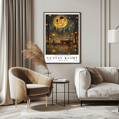 A vertical exhibition poster in the style of Gustav Klimt. A large, textured golden moon contains the iconic figures from "The Kiss" floating above a dark New York City skyline. The Chrysler Building is visible. In the foreground, a vintage trolley reflects in rain-slicked streets. Bold text at the bottom reads "GUSTAV KLIMT" and "NEW YORK."
