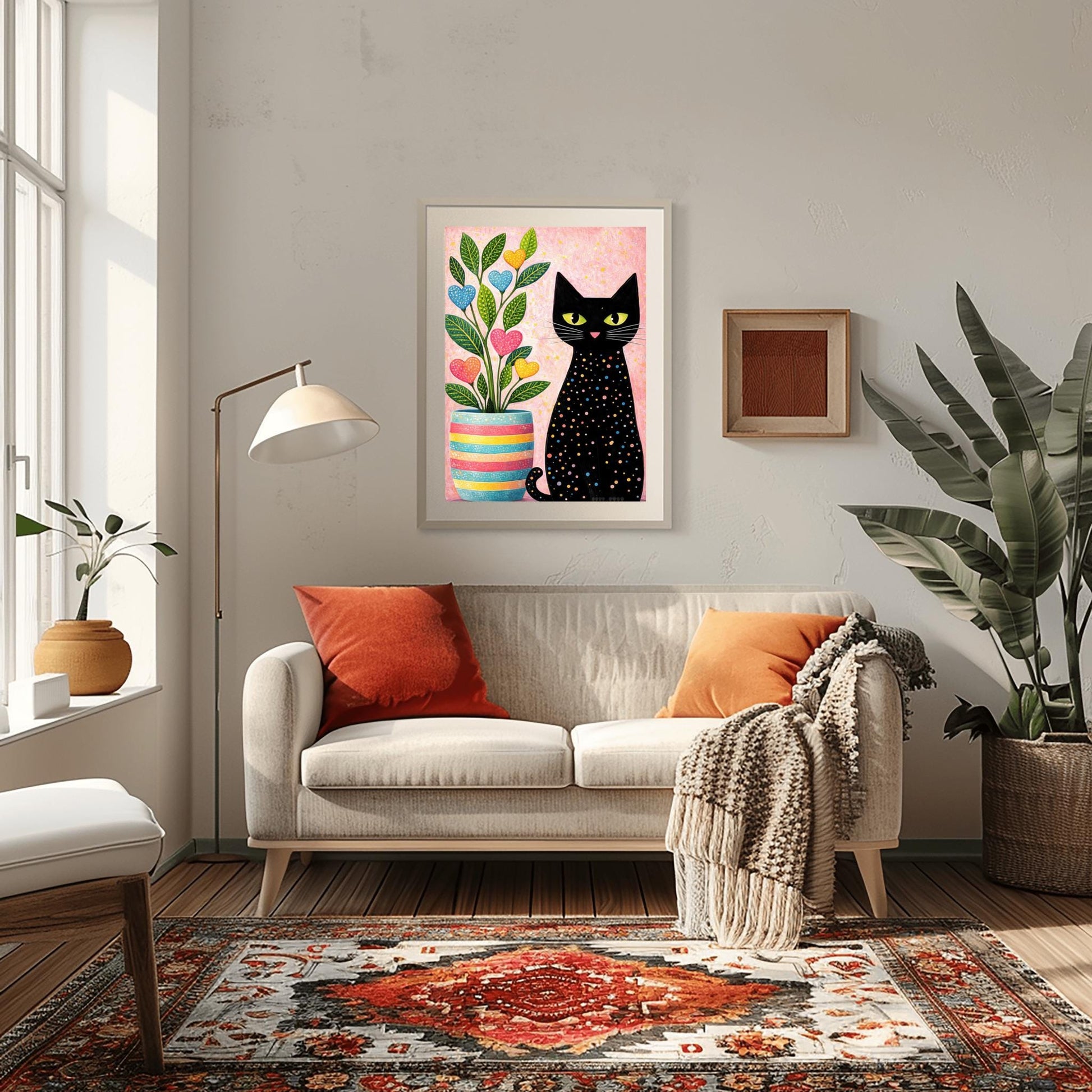 A vertical folk-art style illustration of a black cat sitting next to a colorful potted plant. The black cat is covered in small, multi-colored polka dots and has bright green eyes. The plant to its left is in a striped pink, yellow, and blue pot and features green leaves with heart-shaped "flowers" in pink, blue, and yellow. The background is a textured light pink with yellow paint splatters.
