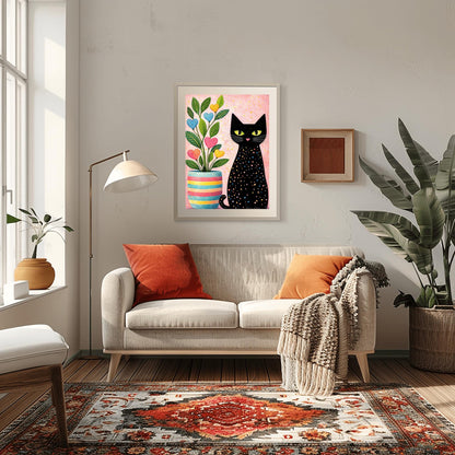A vertical folk-art style illustration of a black cat sitting next to a colorful potted plant. The black cat is covered in small, multi-colored polka dots and has bright green eyes. The plant to its left is in a striped pink, yellow, and blue pot and features green leaves with heart-shaped "flowers" in pink, blue, and yellow. The background is a textured light pink with yellow paint splatters.