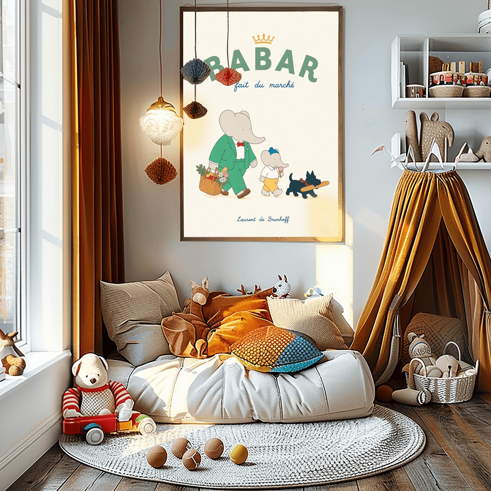 A vertical storybook-style art print of Babar the Elephant walking home from a market against a cream background. Babar is in a green suit and red bow tie, carrying a basket of fruit and flowers. Beside him is a smaller elephant eating an ice cream cone and a small black dog in a plaid collar carrying a baguette. The top text reads "BABAR fait du marché" with a gold crown.