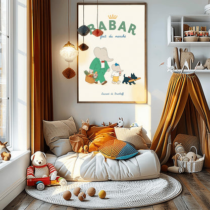 A vertical storybook-style art print of Babar the Elephant walking home from a market against a cream background. Babar is in a green suit and red bow tie, carrying a basket of fruit and flowers. Beside him is a smaller elephant eating an ice cream cone and a small black dog in a plaid collar carrying a baguette. The top text reads "BABAR fait du marché" with a gold crown.