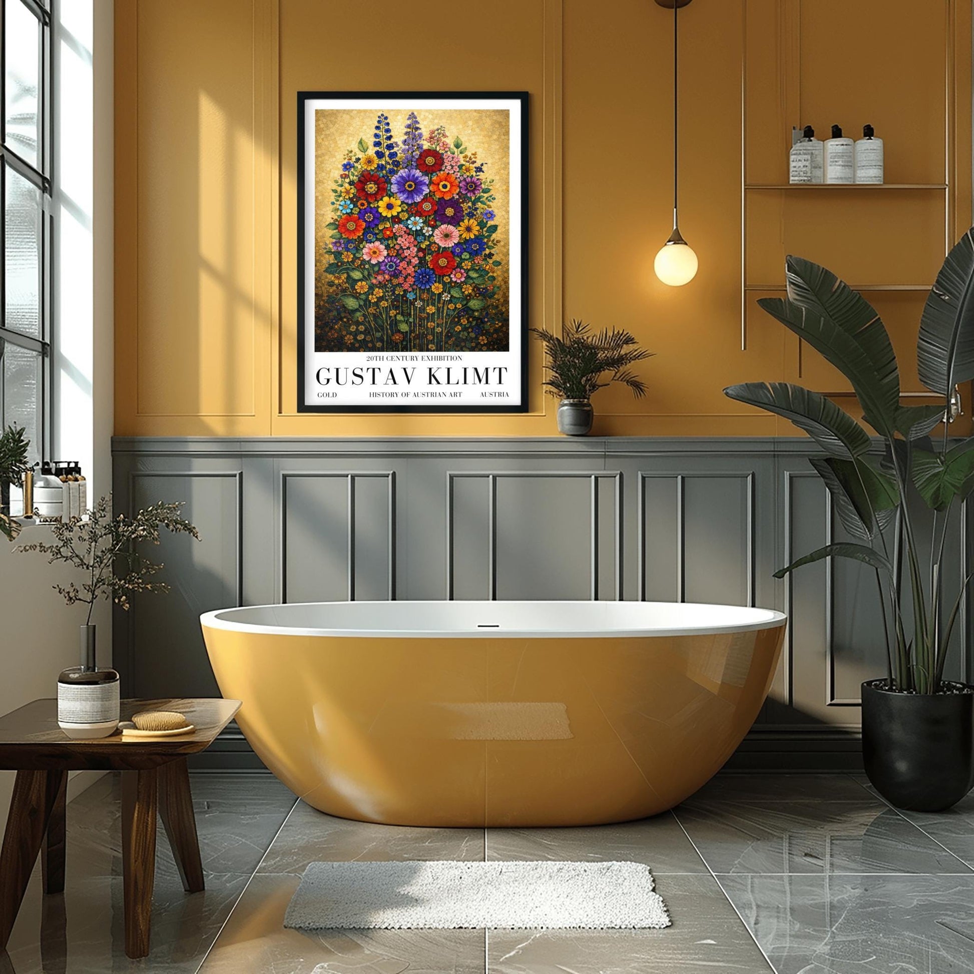 A vertical art print in the style of Gustav Klimt featuring a dense bouquet of colorful wildflowers. The flowers, including red, purple, and orange zinnias and tall blue delphiniums, are rendered as intricate mosaics with geometric patterns. The entire arrangement is set against a shimmering, gold-tiled background that glows with metallic light. The style is highly decorative, maximalist, and vibrant.