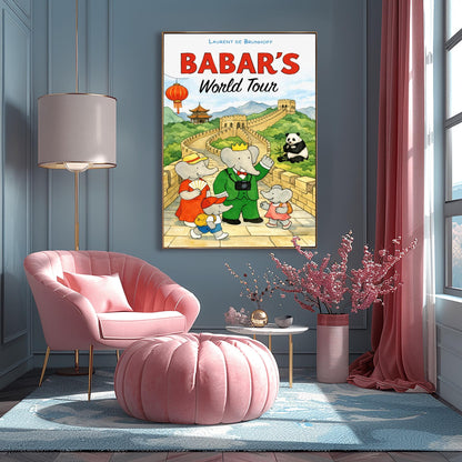 A vertical children's illustration poster titled "BABAR'S World Tour" in red and black letters. King Babar, wearing a green suit and a camera around his neck, stands on the Great Wall of China with his family. The wall curves through green mountains toward a pagoda in the distance. A giant panda sits in the grass to the right, and a red Chinese lantern hangs on the left. The name "Laurent de Brunhoff" is at the top.