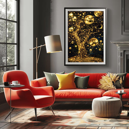A vertical fine art print in the style of Gustav Klimt. A large, gnarled tree made of gold leaf stands against a dark navy sky filled with thousands of golden stardust dots. Large, glowing golden spheres hang from the branches like fruit. A patterned crescent moon is visible in the top right.
