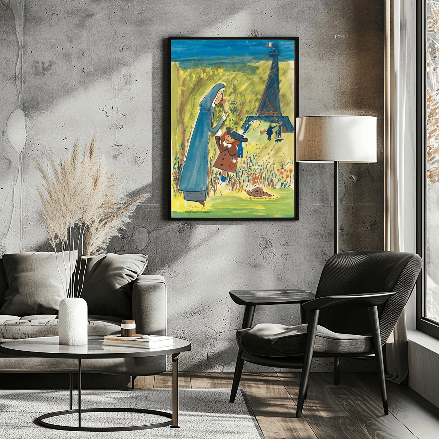 A vertical watercolor illustration in a whimsical, sketchy style. In the foreground, a nun in a tall blue habit bends down to smell an orange flower held by a young girl in a brown coat and a blue hat. They stand in a bright green field filled with red and blue wildflowers, with a brown snail nearby. In the background, a blue, impressionistic Eiffel Tower stands against a yellow-green sky with a French flag at its peak. Several small, sketchy figures walk in the distance.