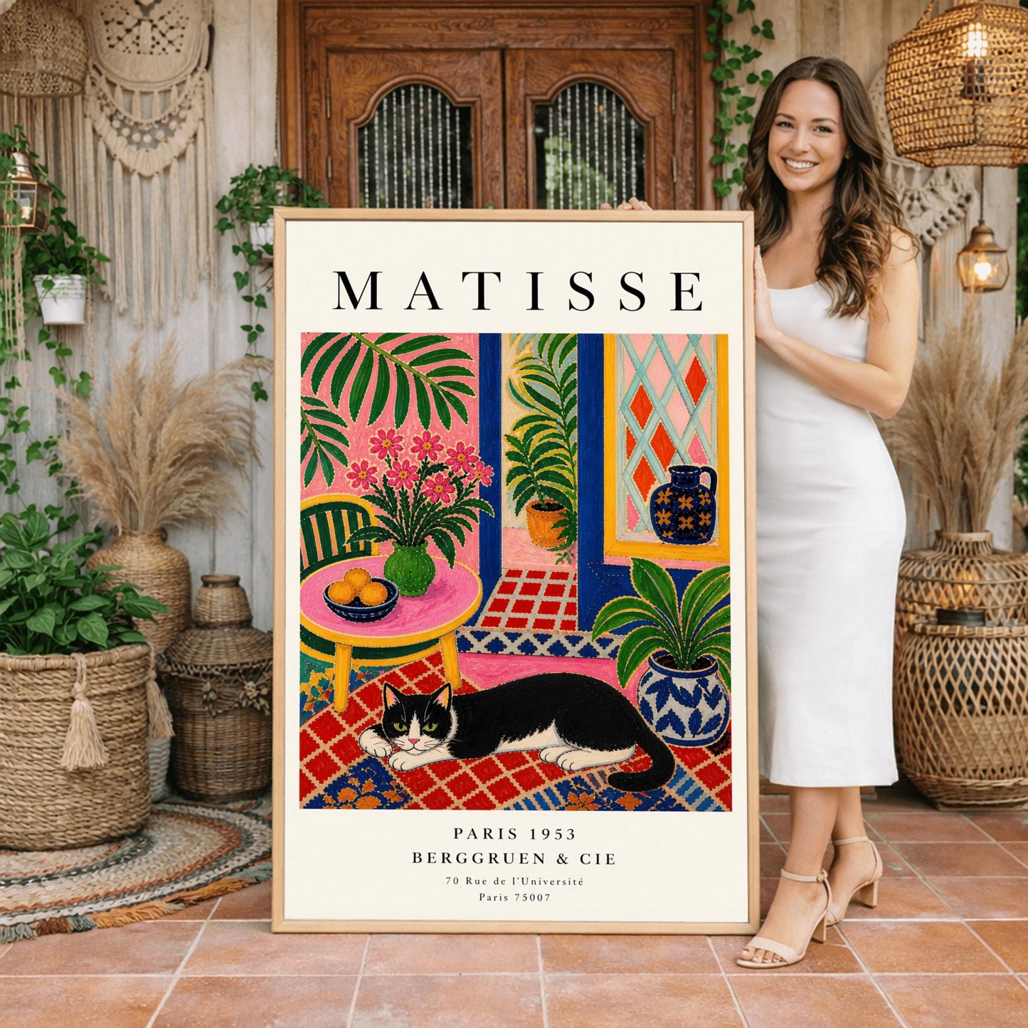 A vertical maximalist art print styled as a Henri Matisse exhibition poster. A black and white tuxedo cat lies across an intricate red, orange, and blue patterned rug. The room features textured bubblegum pink walls and a cobalt blue door frame. To the left, a pink table holds a bowl of oranges and a green vase with pink flowers. To the right, a blue and white floral pot holds a green plant. A diamond-patterned window is visible in the background.