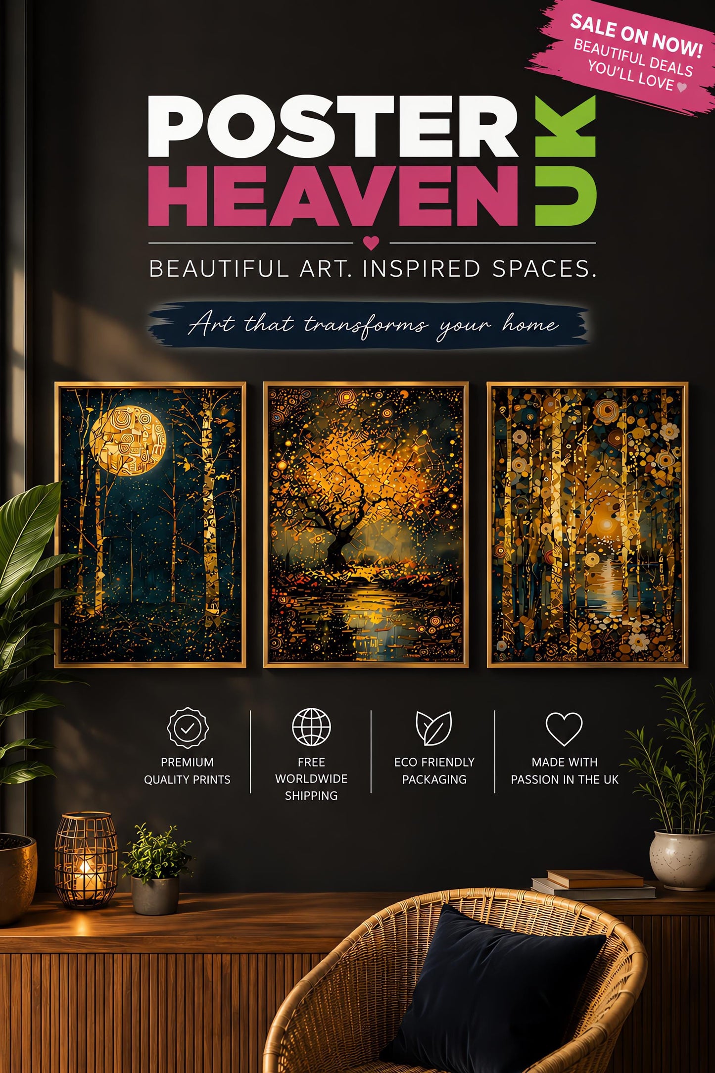 The image is an advertisement for a poster of a forest scene, featuring three framed prints of the same artwork displayed on a wall.