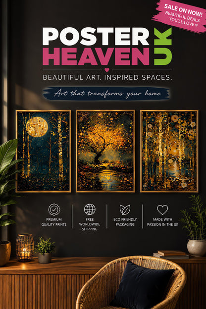 The image is an advertisement for a poster of a forest scene, featuring three framed prints of the same artwork displayed on a wall.