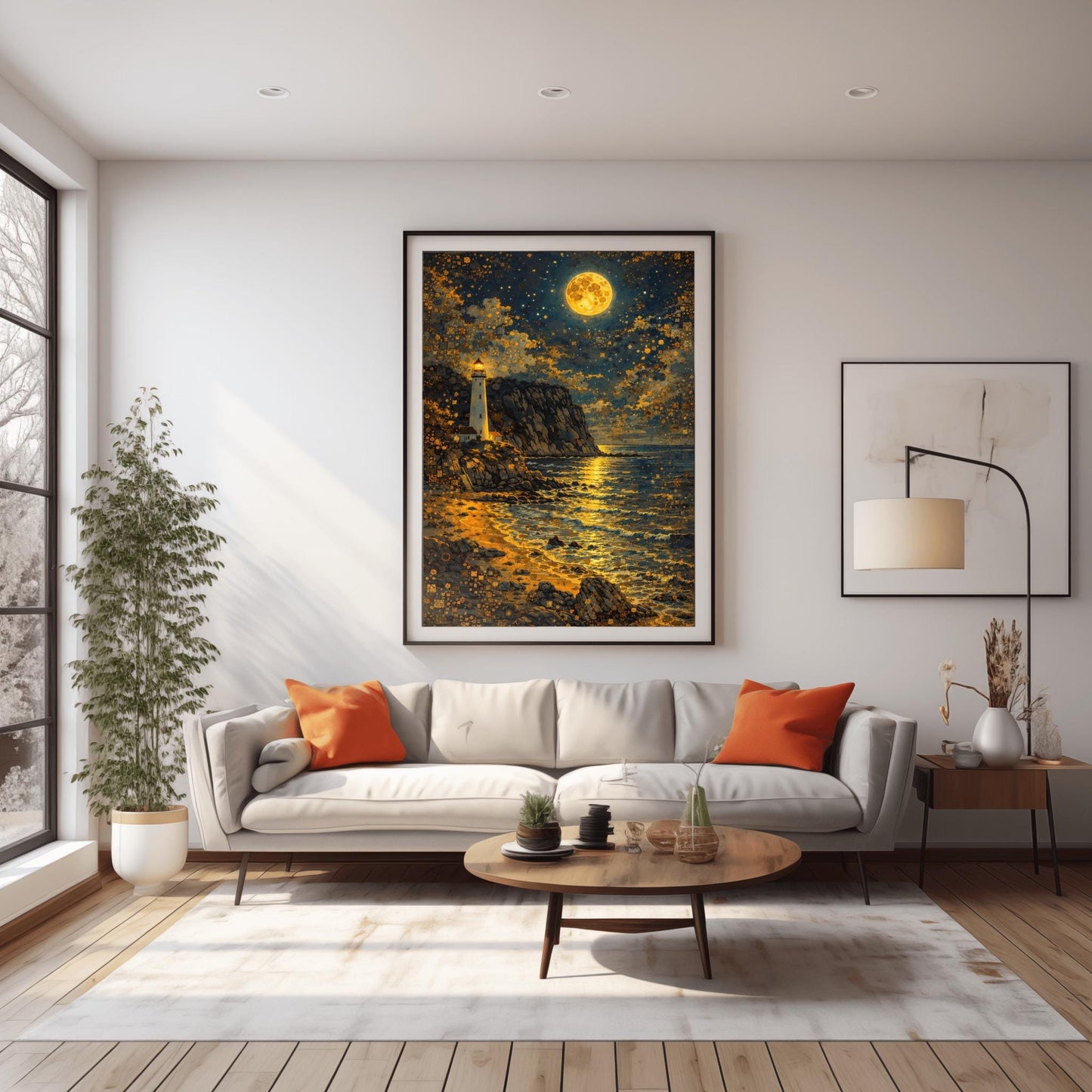 A vertical museum exhibition poster in the style of Gustav Klimt. A white lighthouse stands on a rugged cliff overlooking a dark ocean at night. A massive golden moon with mosaic patterns fills the top of the sky, reflecting on the waves. Bold black text at the bottom reads "GUSTAV KLIMT."