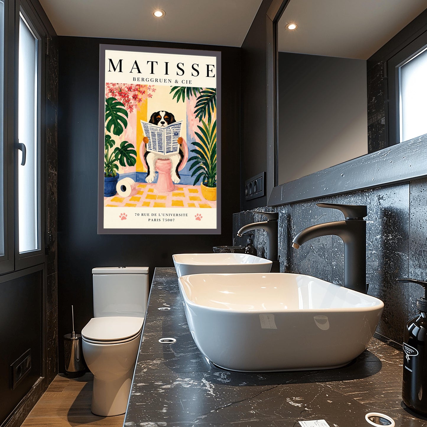 A vertical vintage-style exhibition poster on a cream background titled "MATISSE BERGGRUEN & CIE" in bold black font. The main gouache-style illustration depicts a tricolor black, white, and tan Cavalier King Charles Spaniel sitting on a pink toilet. The dog is holding and reading a blue-and-white French newspaper titled "LE JOURNAL". The bathroom scene includes a roll of toilet paper on a yellow checkered floor, potted monstera and palm plants