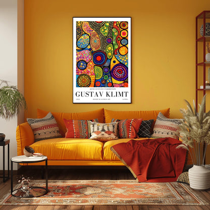 A vertical museum exhibition poster in the style of Gustav Klimt. Tall, dark tree trunks stand in a forest where the sky is made of colorful stained-glass mosaic circles. A bright sun in the center casts sharp, white sunbeams through the trees. Bold black text at the bottom reads "GUSTAV KLIMT" and "HISTORY OF AUSTRIAN ART."