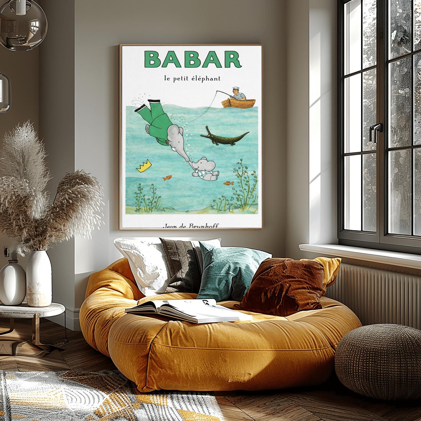 A vertical children's illustration poster titled "BABAR le petit éléphant" at the top in green. The scene shows King Babar in a green suit diving underwater to touch trunks with a small elephant calf. His golden crown floats nearby. Above the water, a man in a striped shirt sits in a rowboat fishing. A crocodile and several small orange fish swim in the water among green aquatic plants. The name "Jean de Brunhoff" is at the bottom.