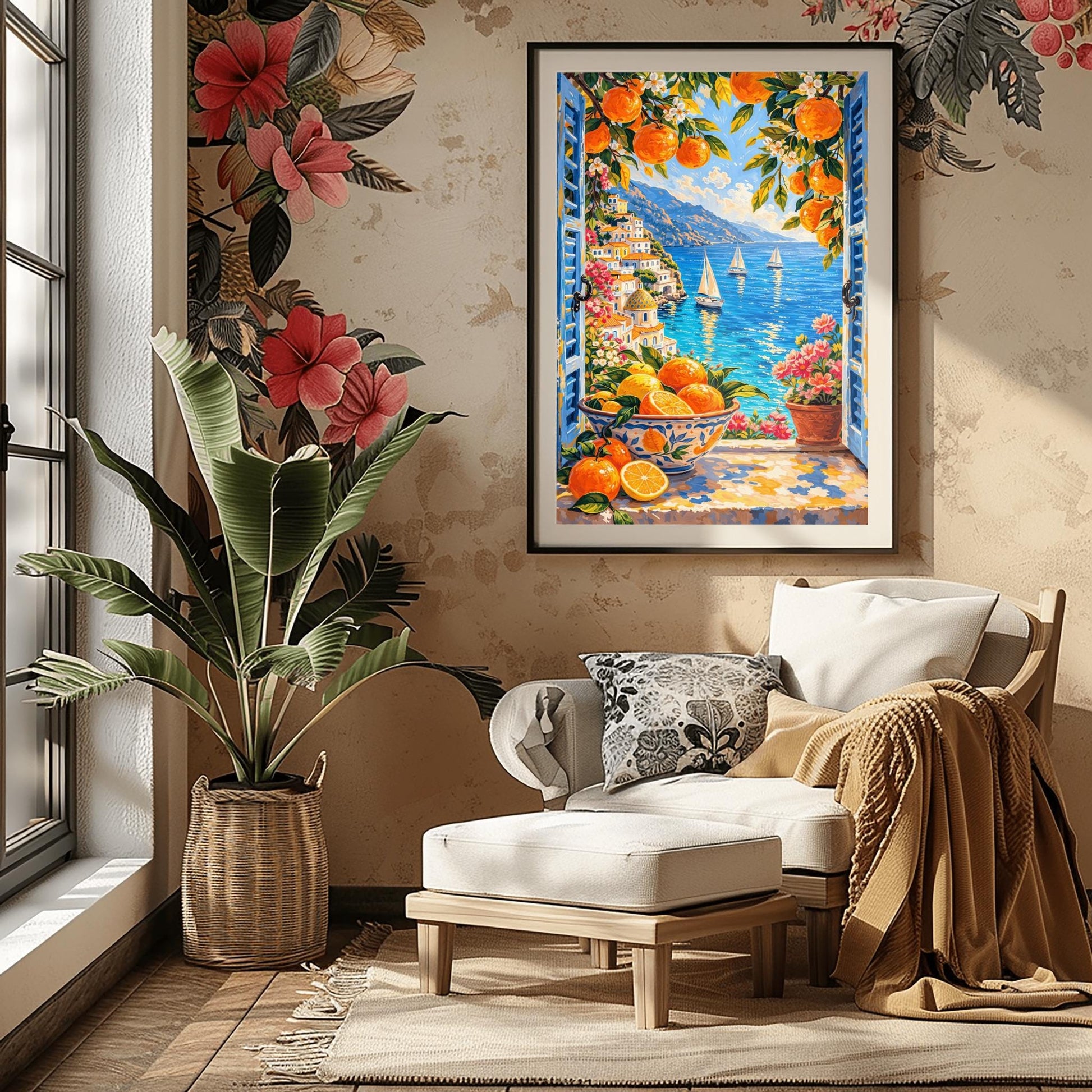 A vertical painterly illustration looking through open blue shutters at a coastal town with a yellow-domed cathedral and a blue sea with sailboats. In the foreground, a ceramic bowl holds oranges and lemons on a stone windowsill next to a pot of pink flowers.